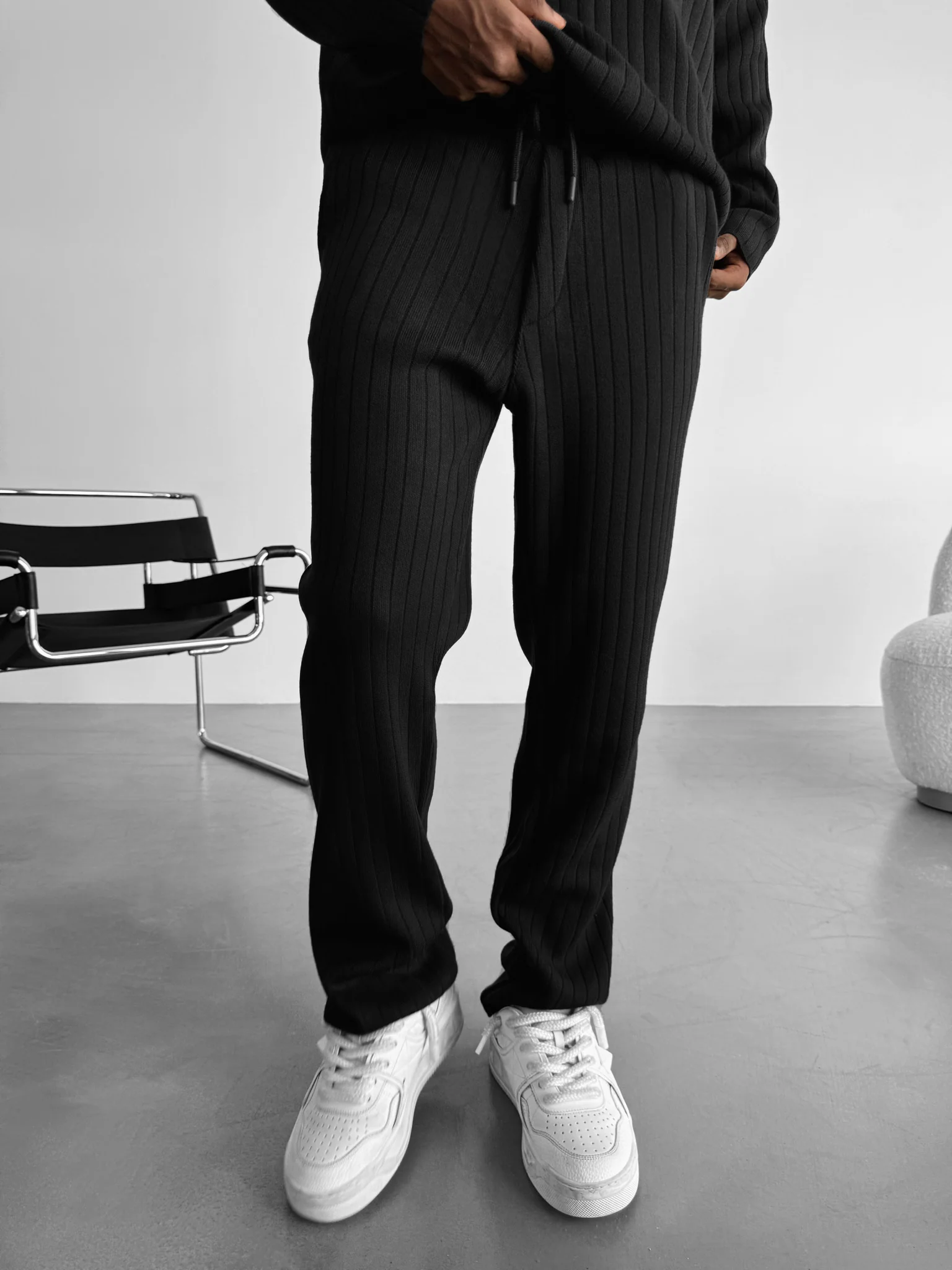 Loose Fit Wide Ribbed Knit Pants - Black - Image 2
