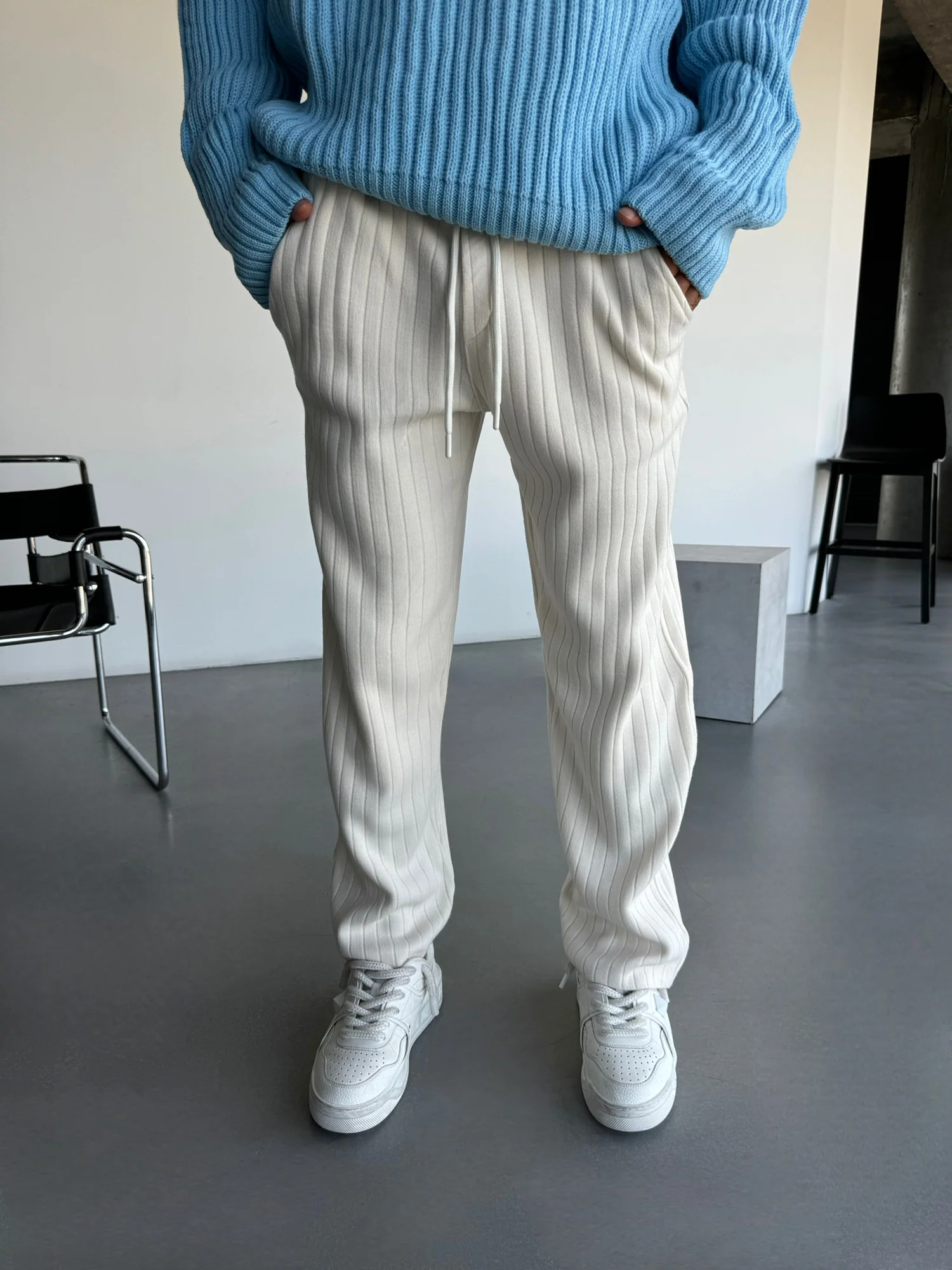 Loose Fit Wide Ribbed Knit Pants - Ecru - Image 2