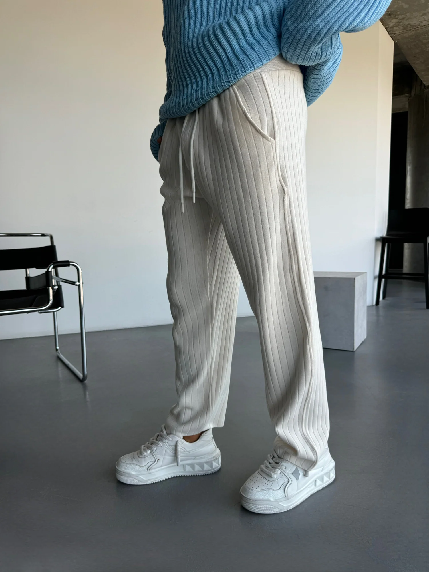 Loose Fit Wide Ribbed Knit Pants - Ecru - Image 3