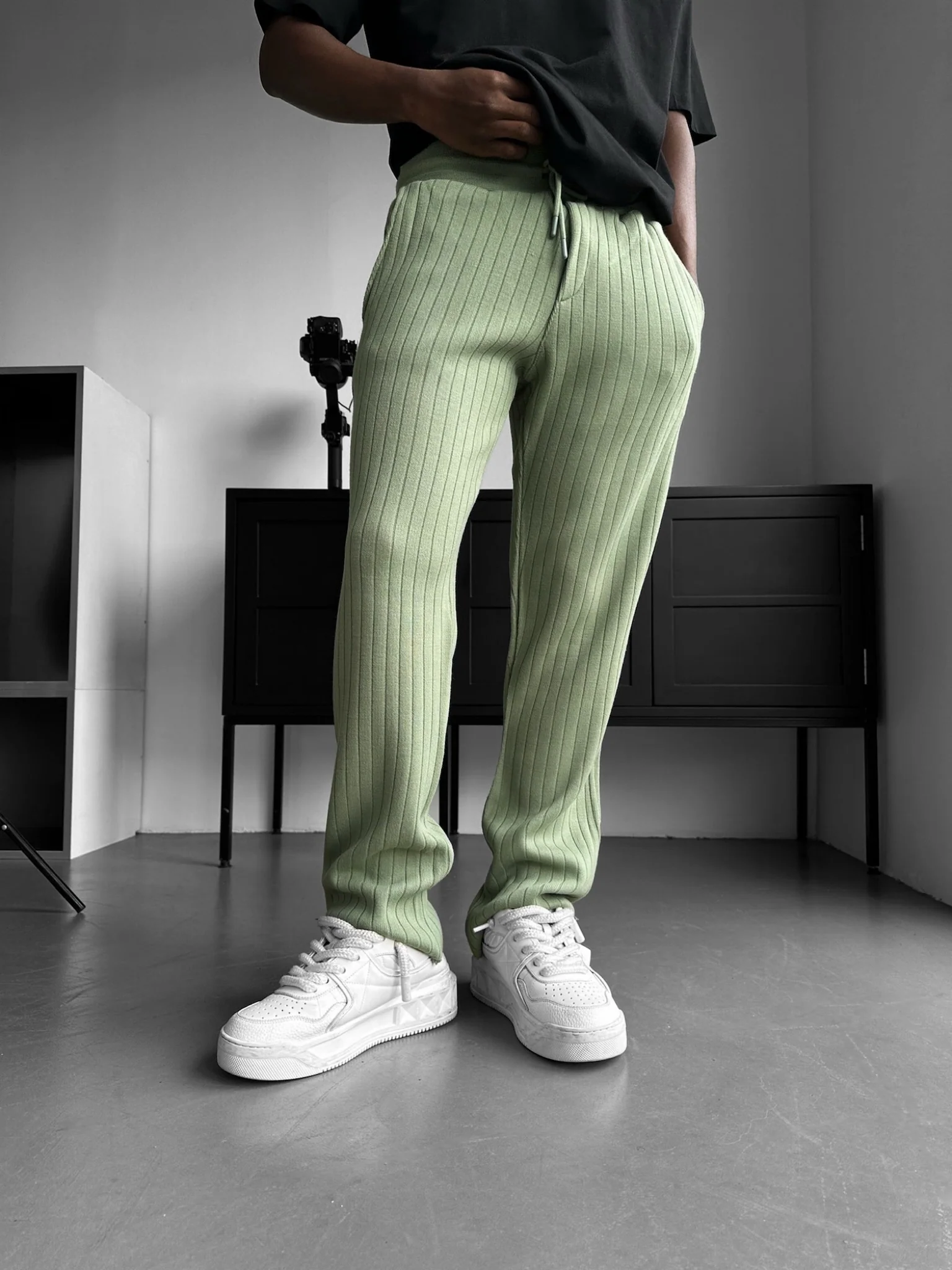 Loose Fit Wide Ribbed Knit Pants - Grass