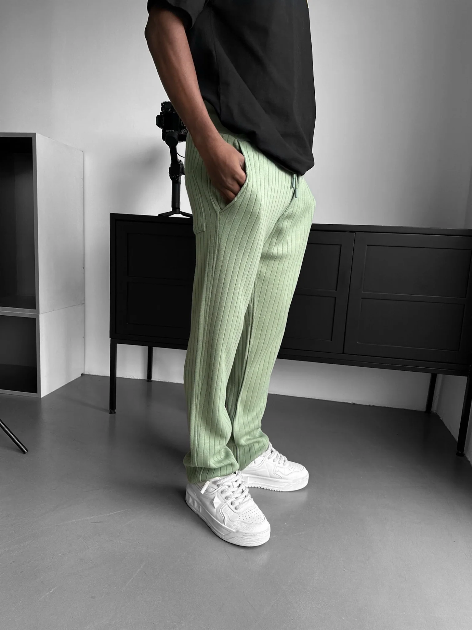 Loose Fit Wide Ribbed Knit Pants - Grass - Image 2
