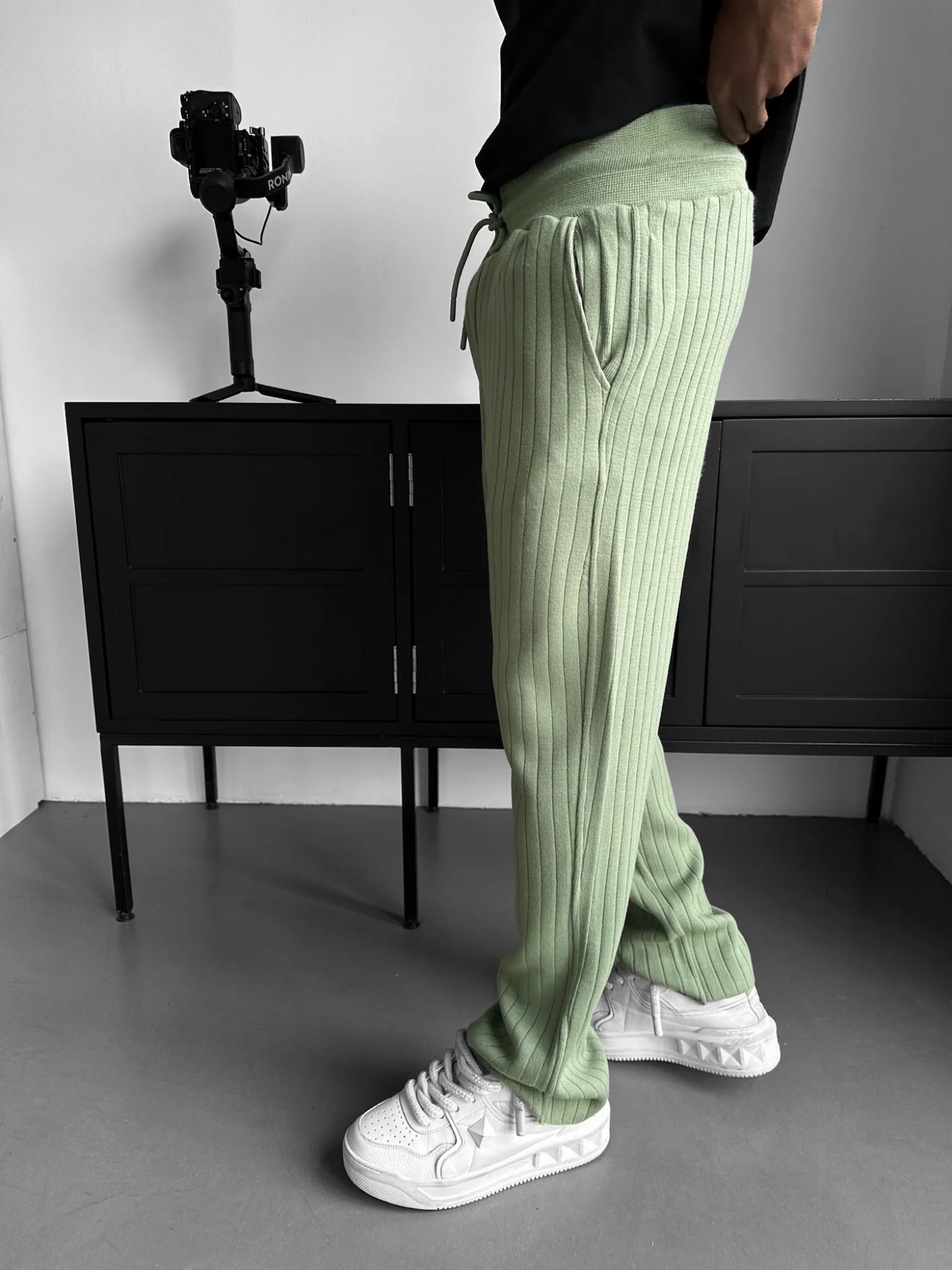 Loose Fit Wide Ribbed Knit Pants - Grass - Image 3