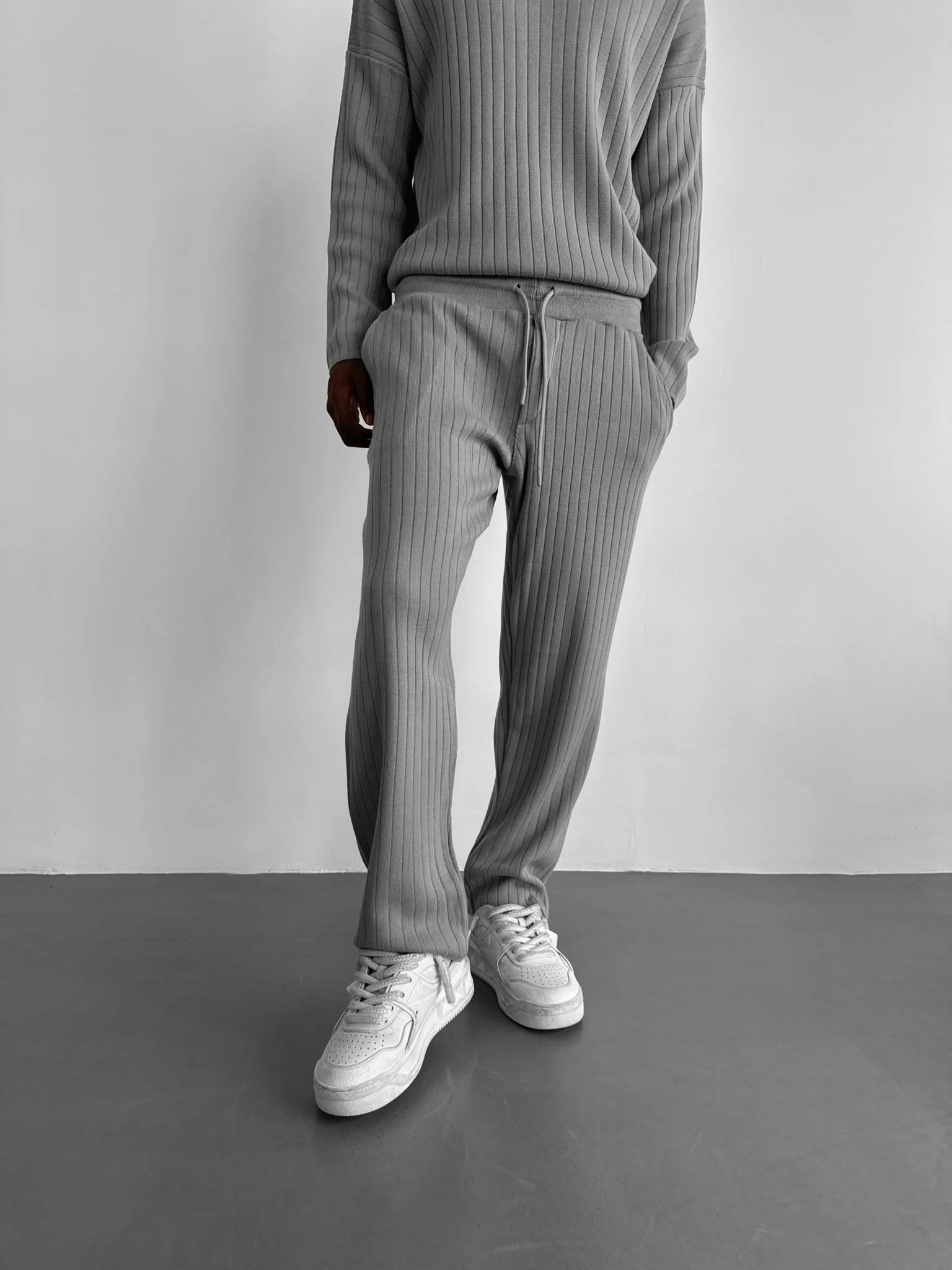 Loose Fit Wide Ribbed Knit Pants - Grey - Image 2