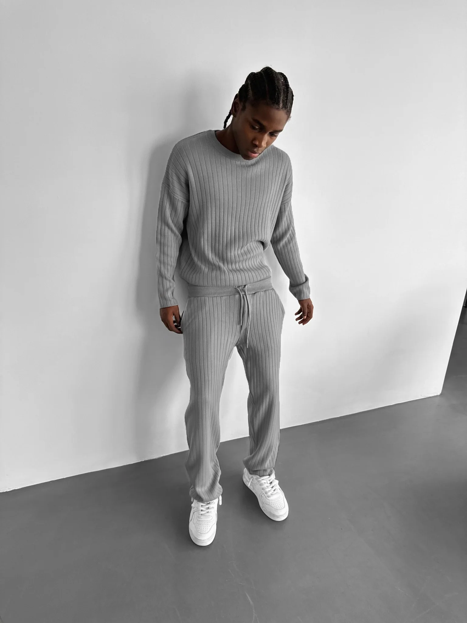 Loose Fit Wide Ribbed Knit Pants - Grey - Image 4