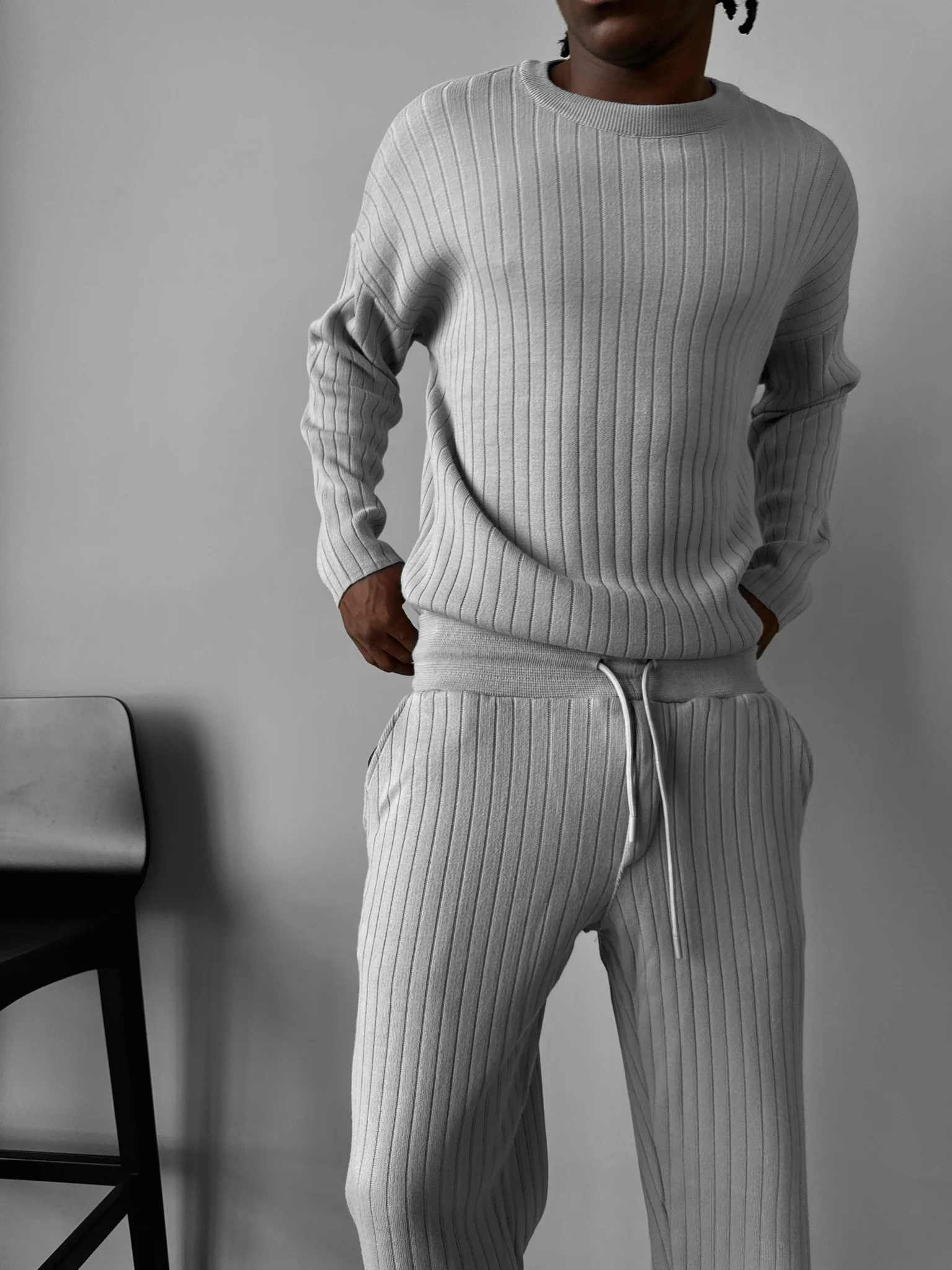 Loose Fit Wide Ribbed Knit Pants - Grey - Image 5