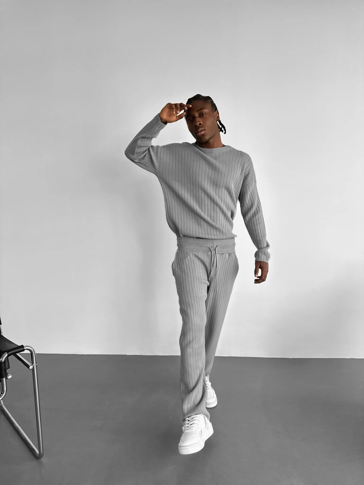 Loose Fit Wide Ribbed Knit Pants - Grey - Image 6