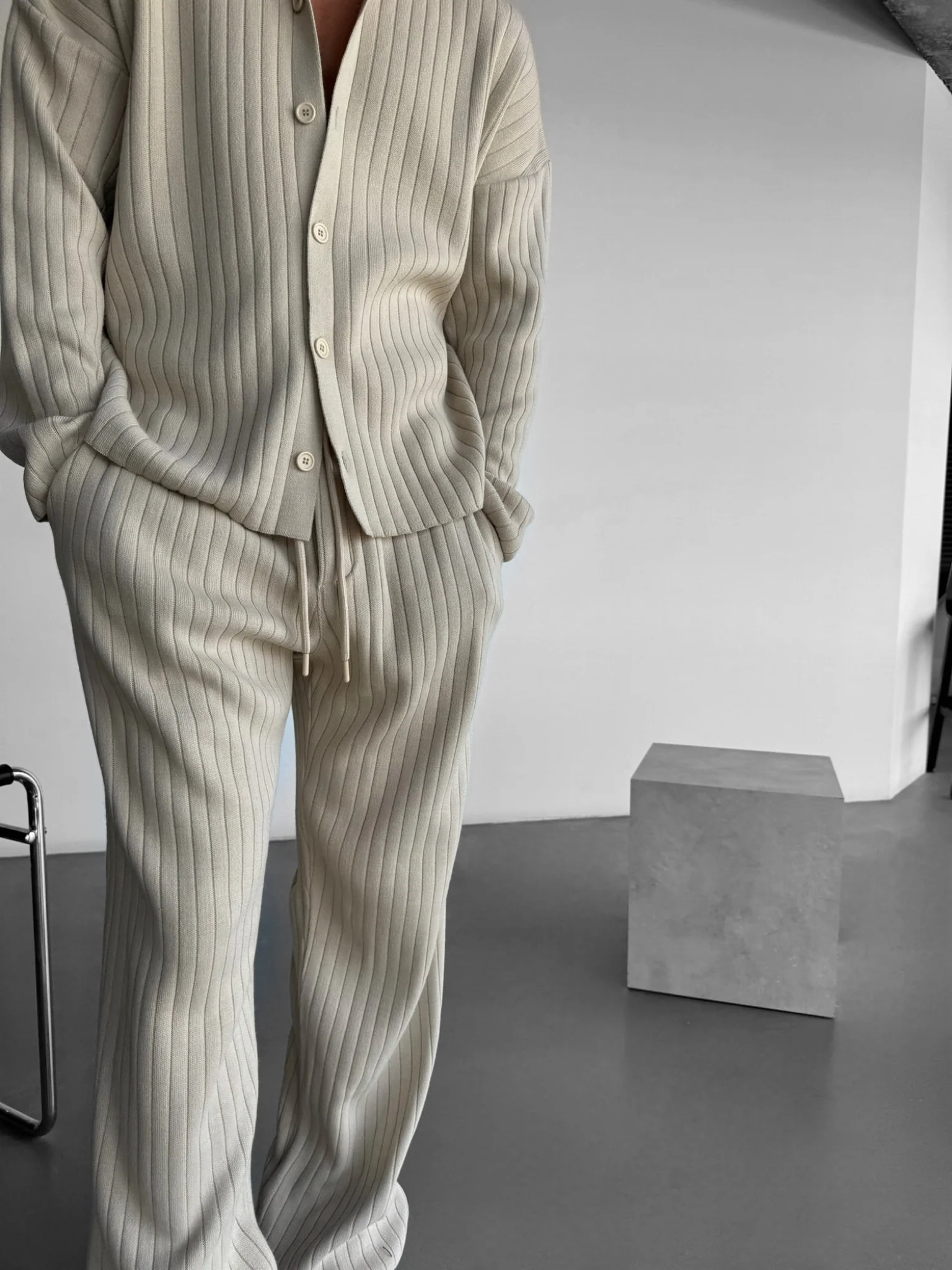 Loose Fit Wide Ribbed Knit Pants - Stone - Image 2
