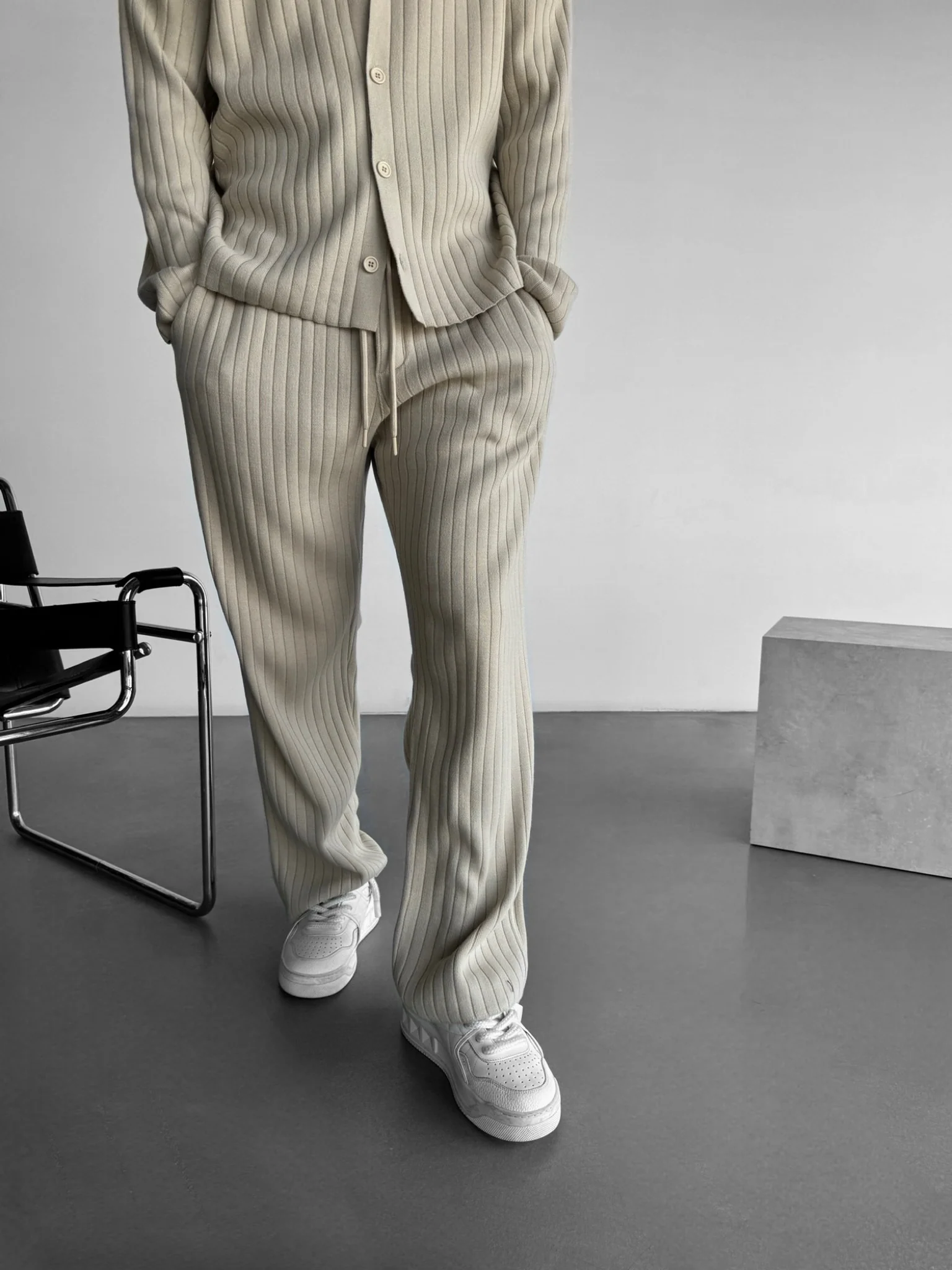 Loose Fit Wide Ribbed Knit Pants - Stone - Image 3