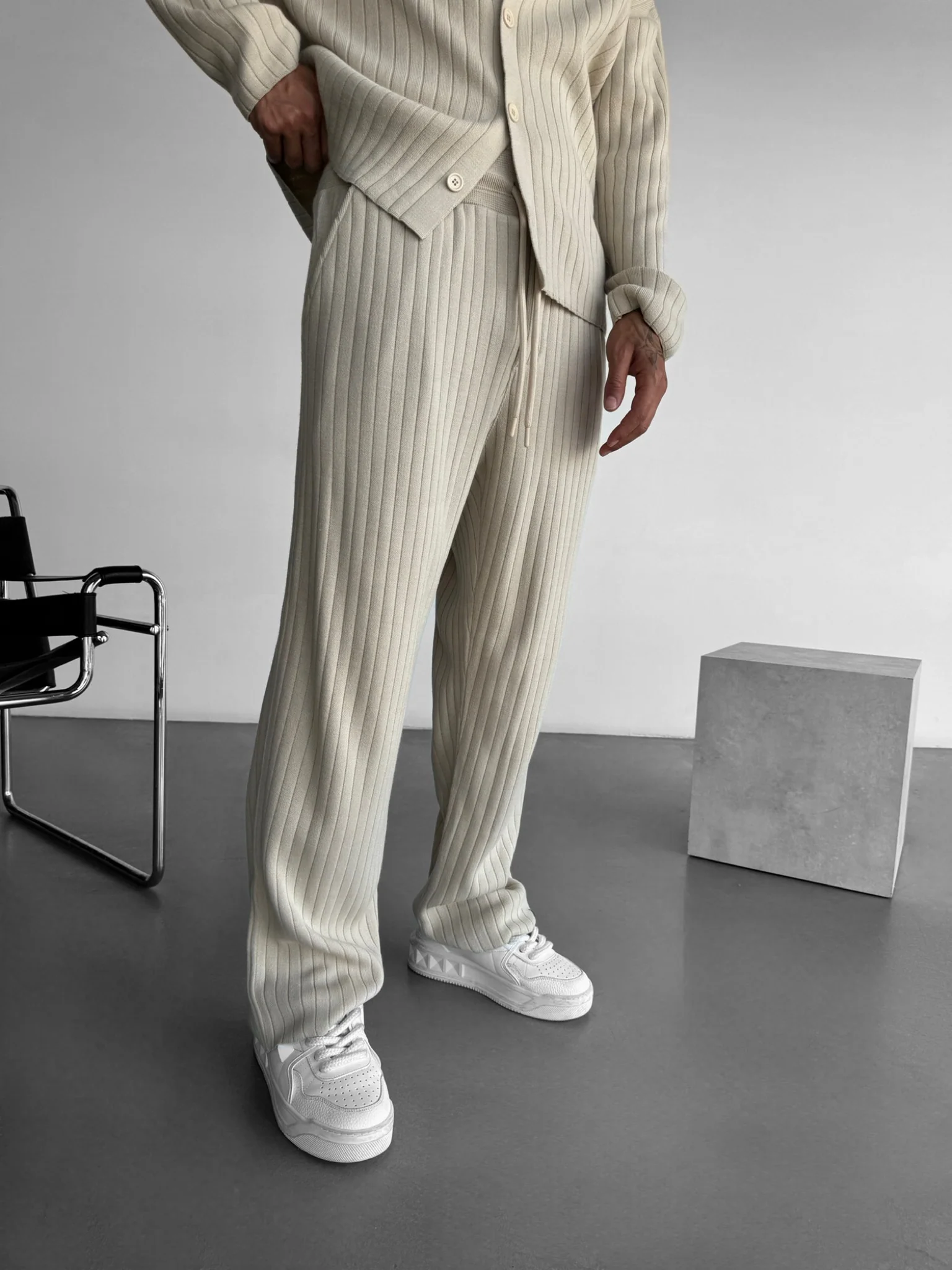 Loose Fit Wide Ribbed Knit Pants - Stone - Image 4