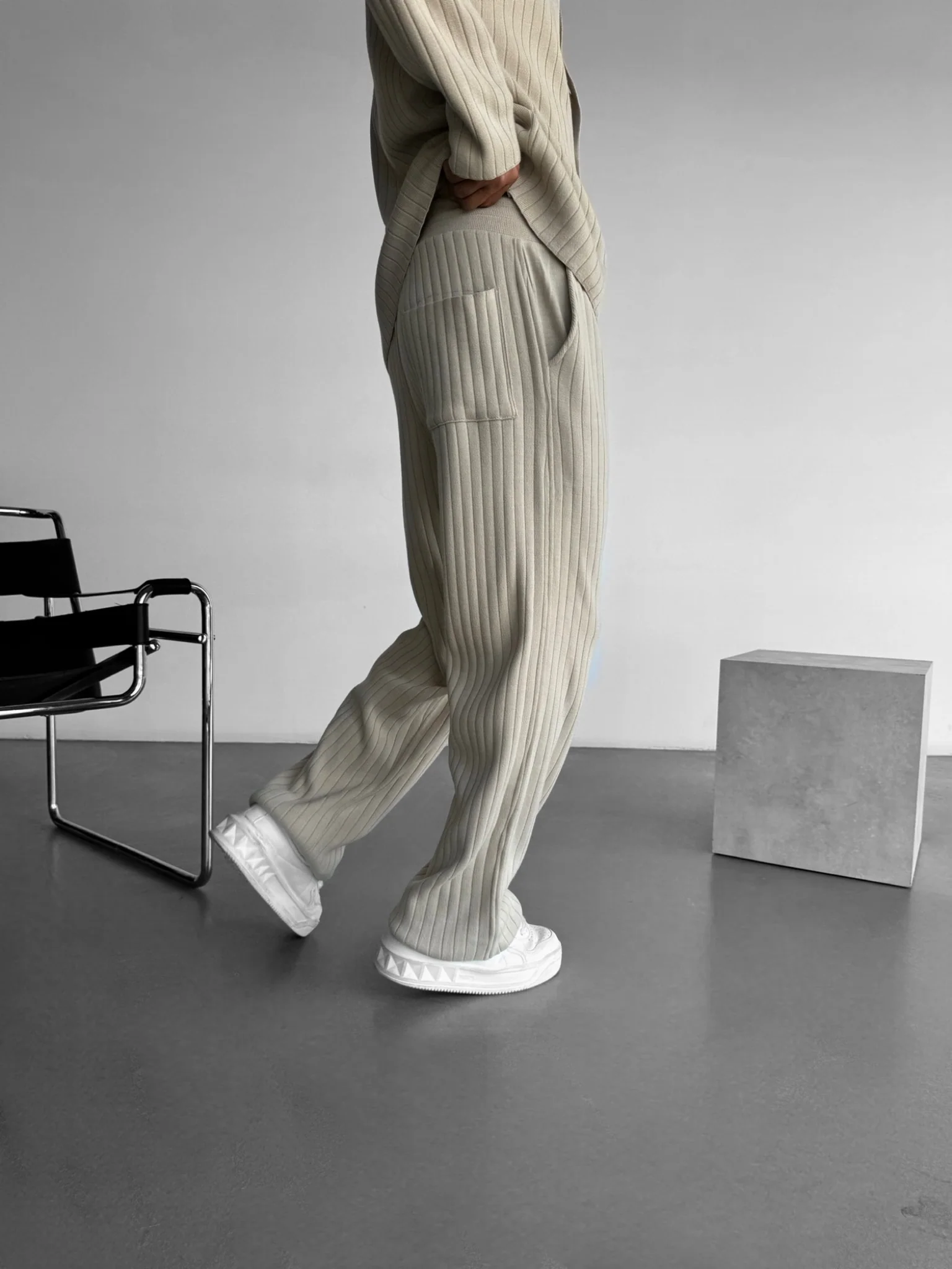 Loose Fit Wide Ribbed Knit Pants - Stone - Image 5