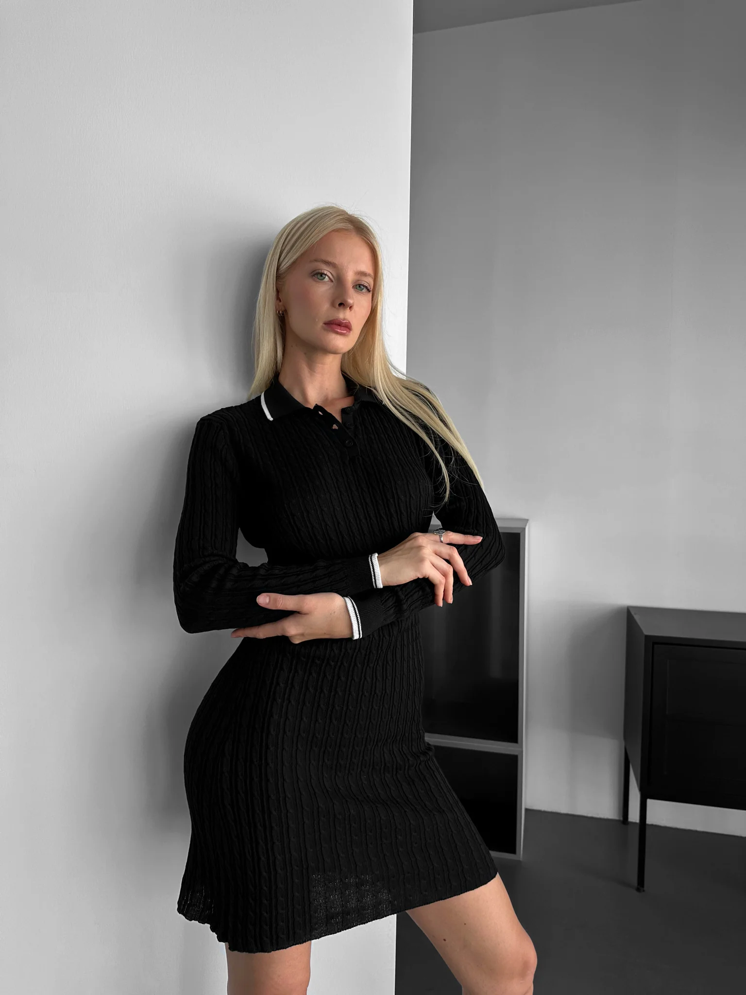 Mini Polo Knit Dress - Black - Image 3