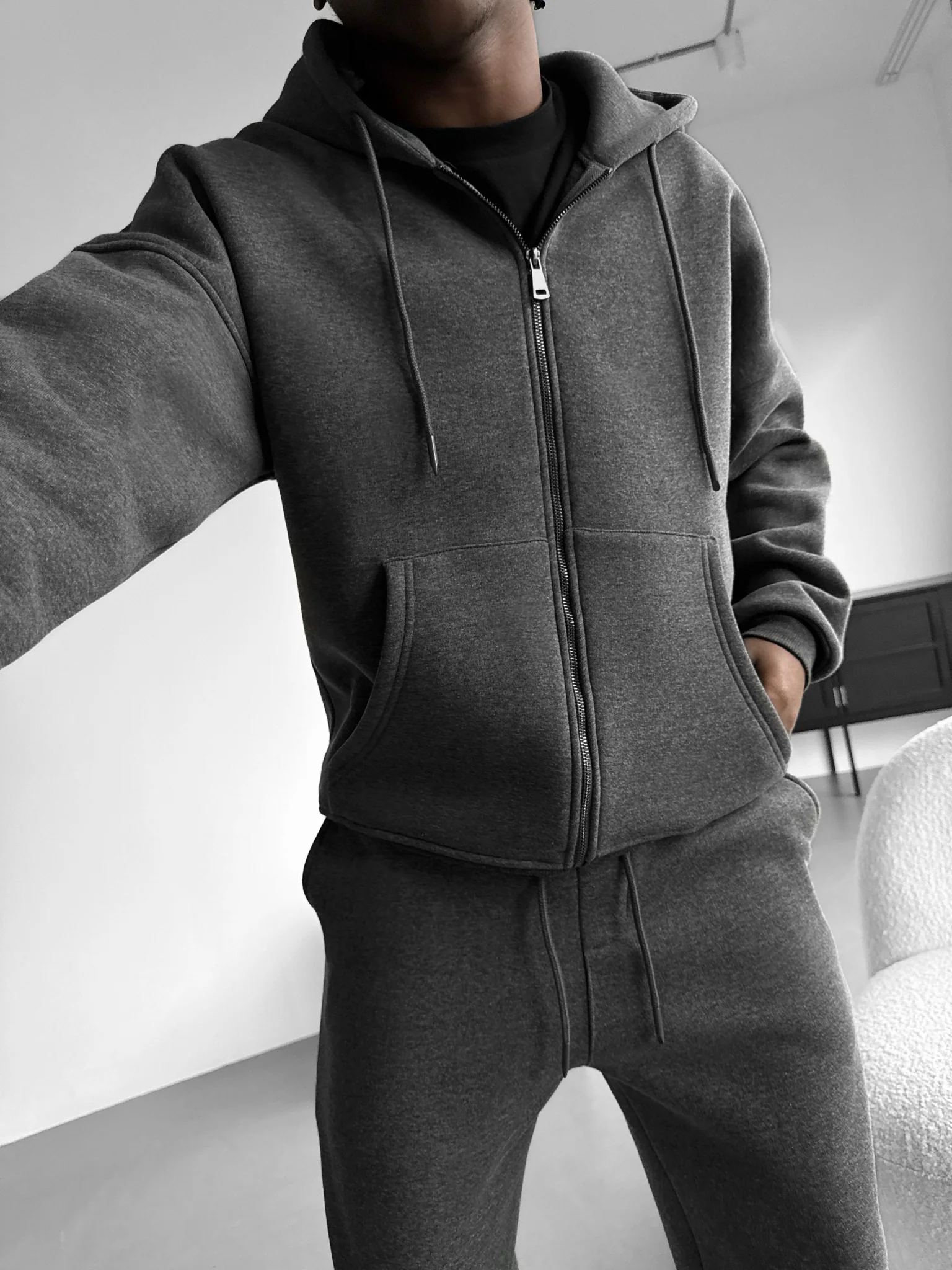 Oversize Basic Zipper Hoodie - Anthracite Melange - Image 2