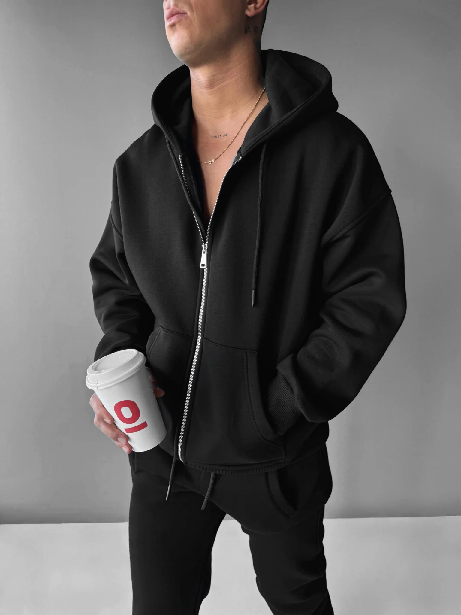 Oversize Basic Zipper Hoodie - Black - Image 2