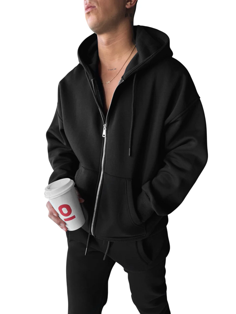 Oversize Basic Zipper Hoodie - Black - Image 5