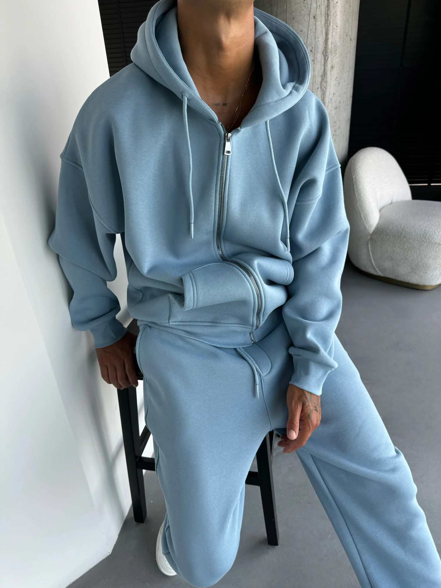 Oversize Basic Zipper Hoodie - Faded Denim - Image 2