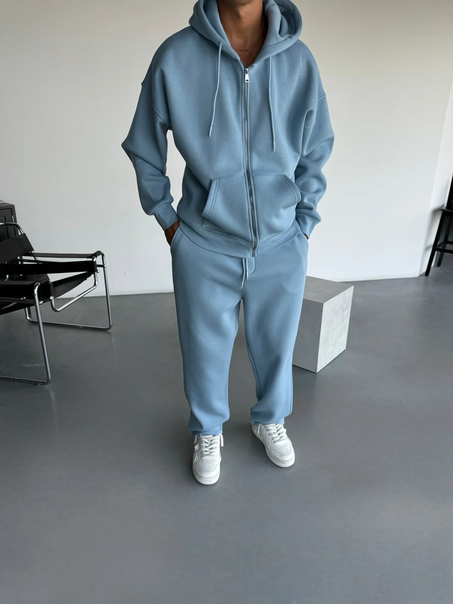 Oversize Basic Zipper Hoodie - Faded Denim - Image 4
