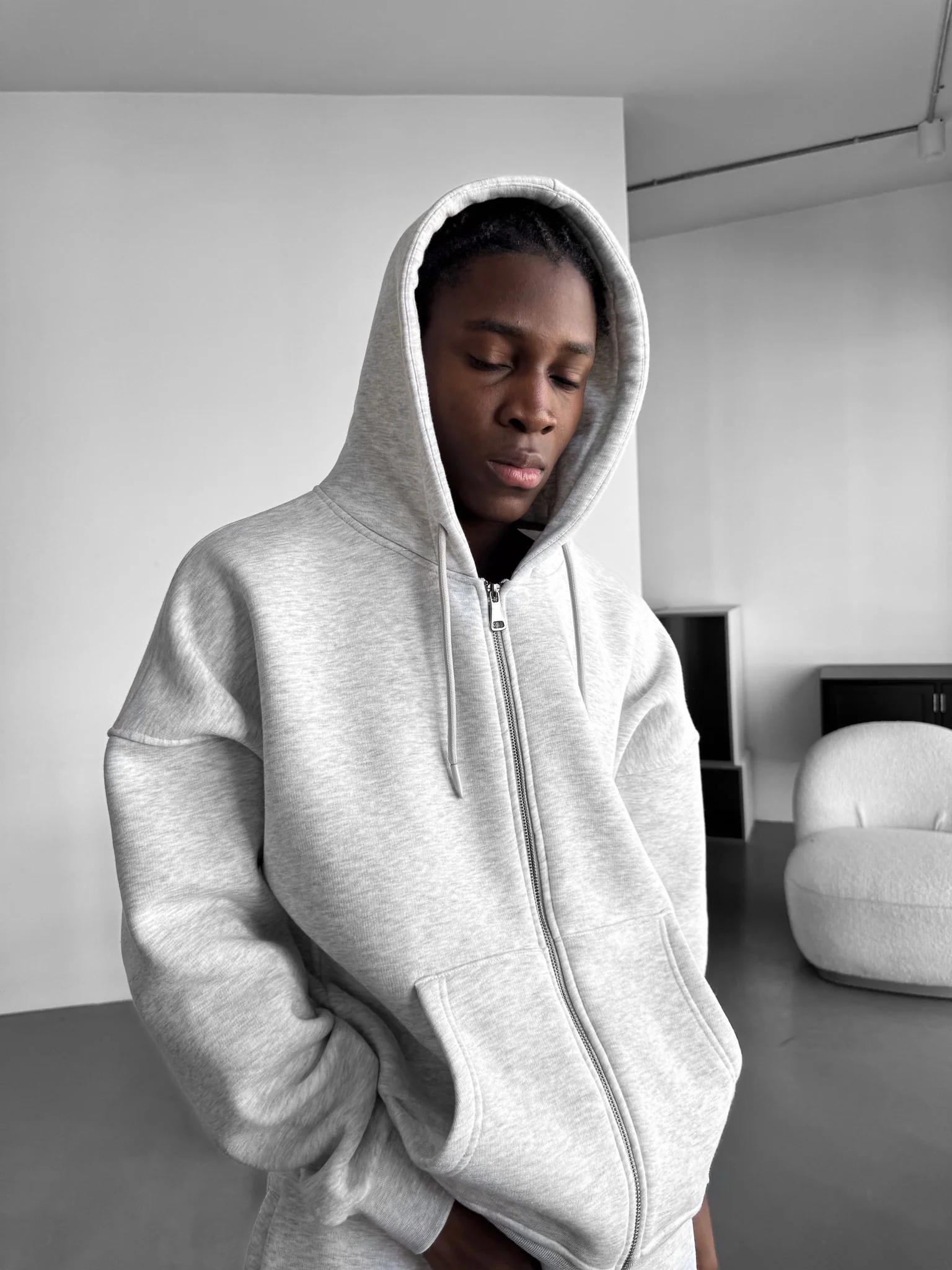 Oversize Basic Zipper Hoodie - Light Grey Melange - Image 2