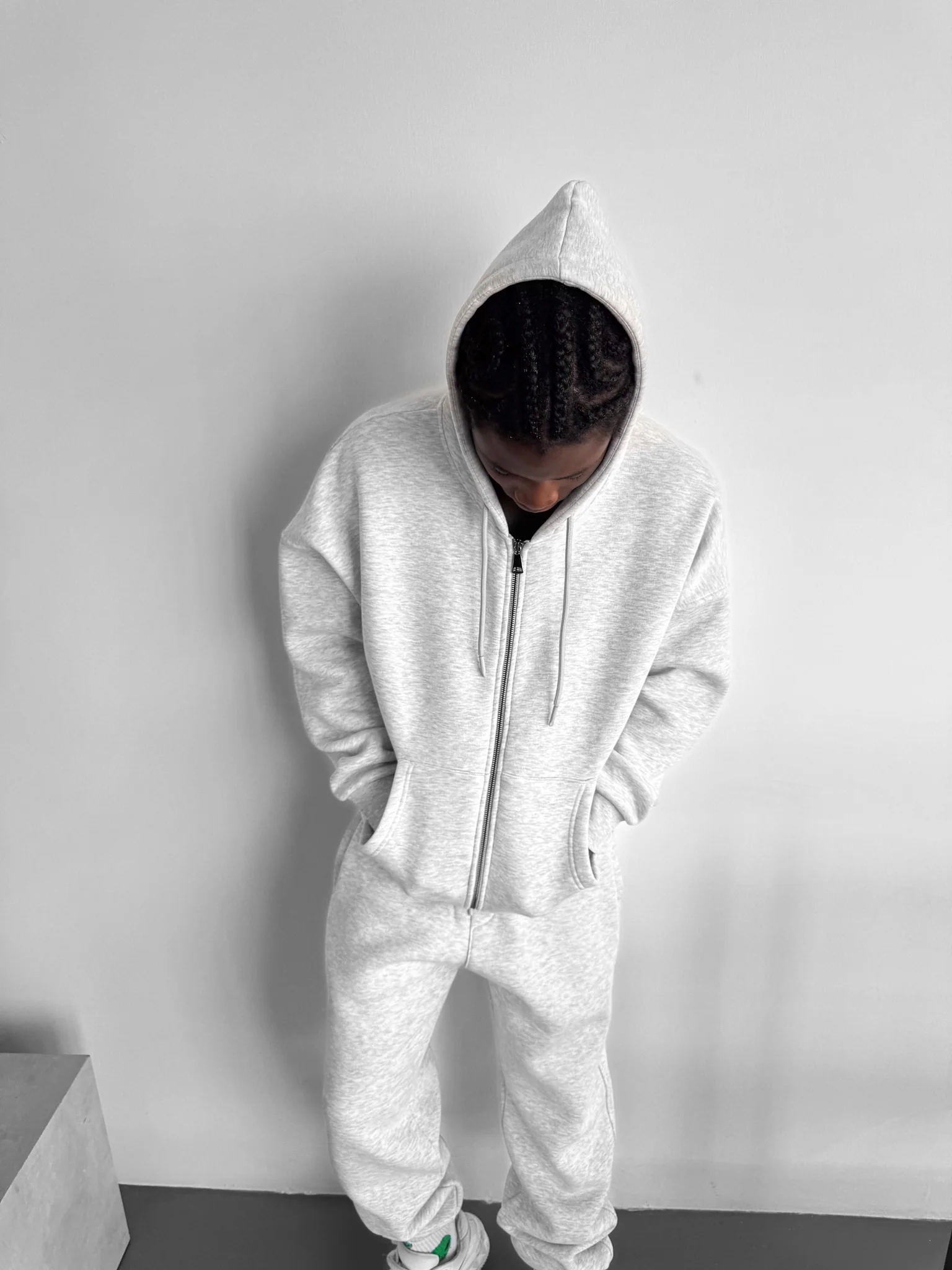 Oversize Basic Zipper Hoodie - Light Grey Melange - Image 3