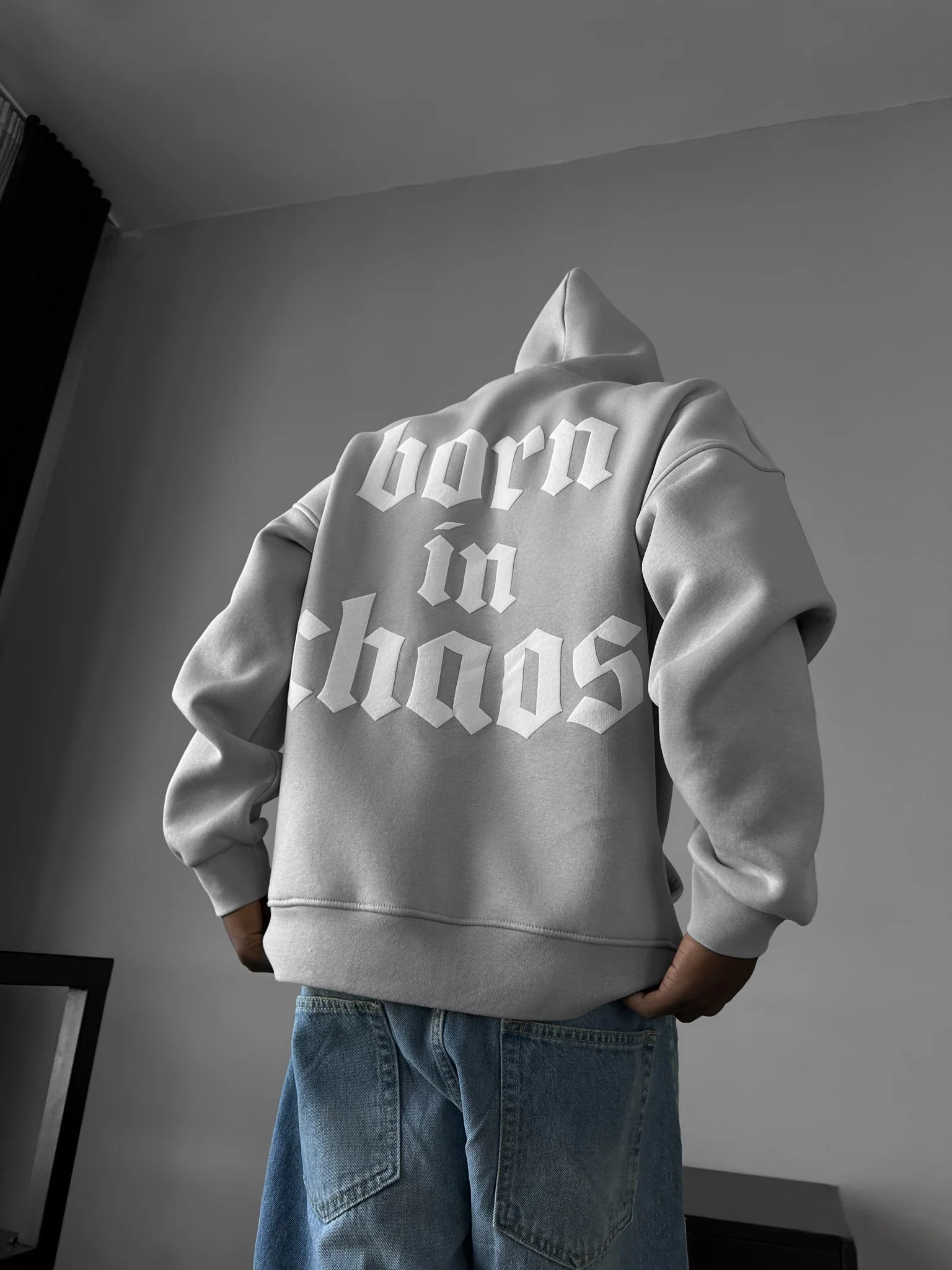 Oversize “Born in Chaos” Hoodie - Grey - Image 2