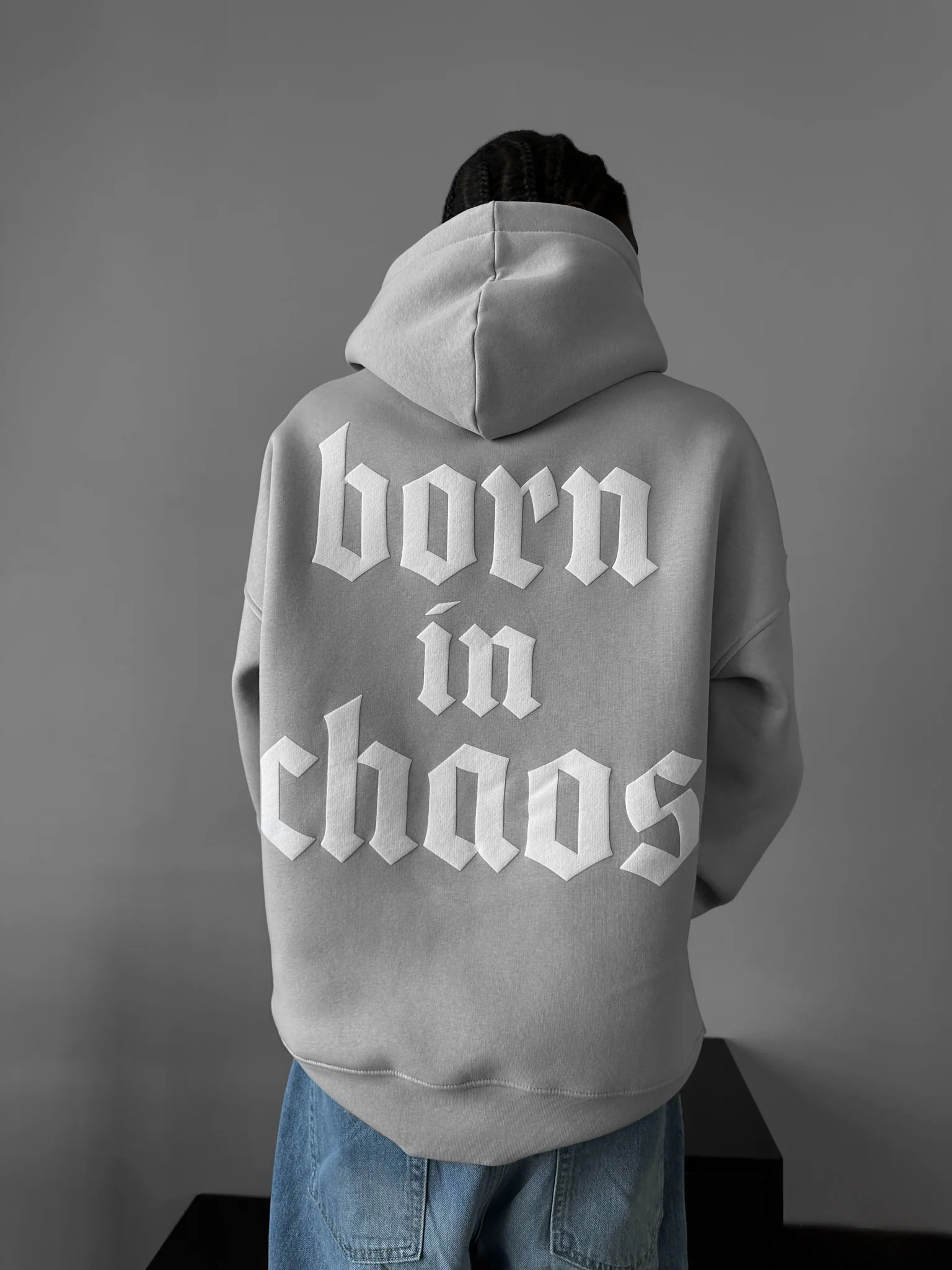 Oversize “Born in Chaos” Hoodie - Grey - Image 3