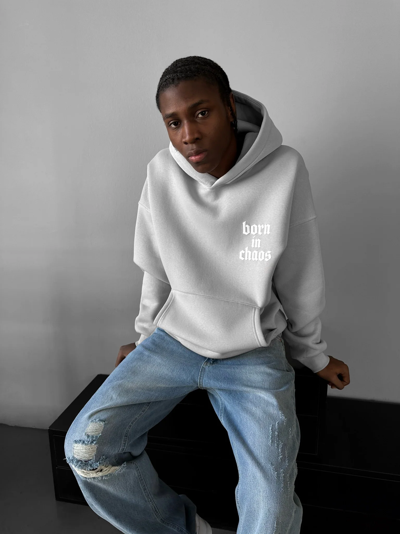 Oversize “Born in Chaos” Hoodie - Grey - Image 5