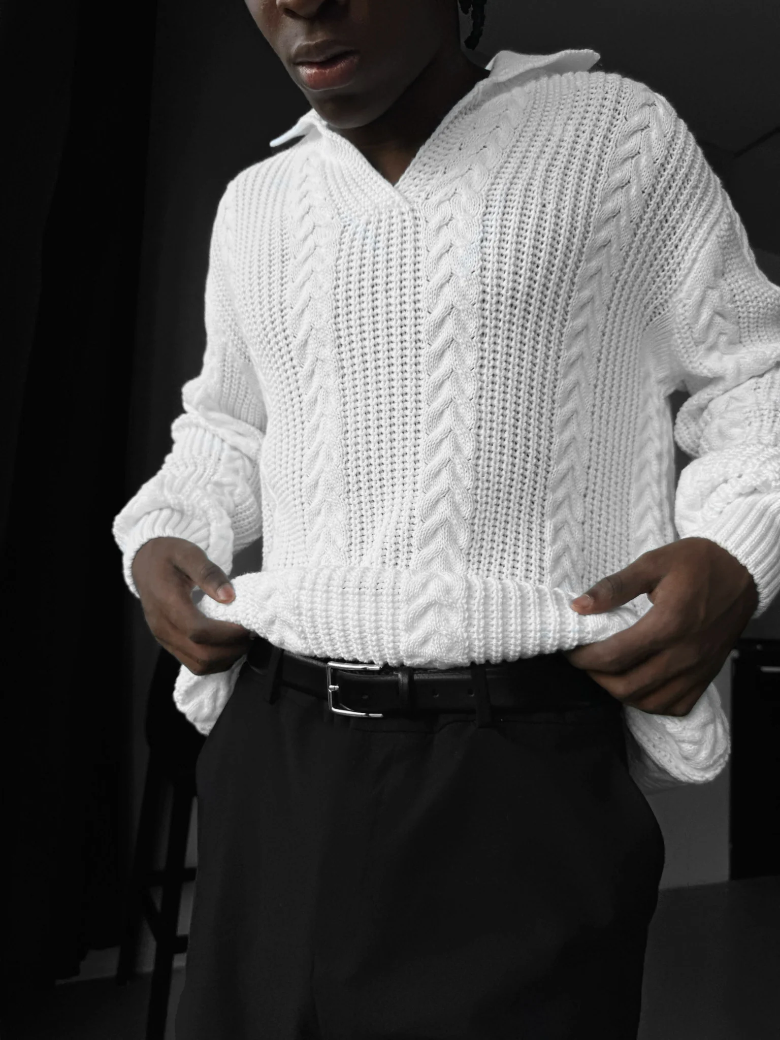 Oversize Braided Structure Polo Sweater - Bright White - Image 2