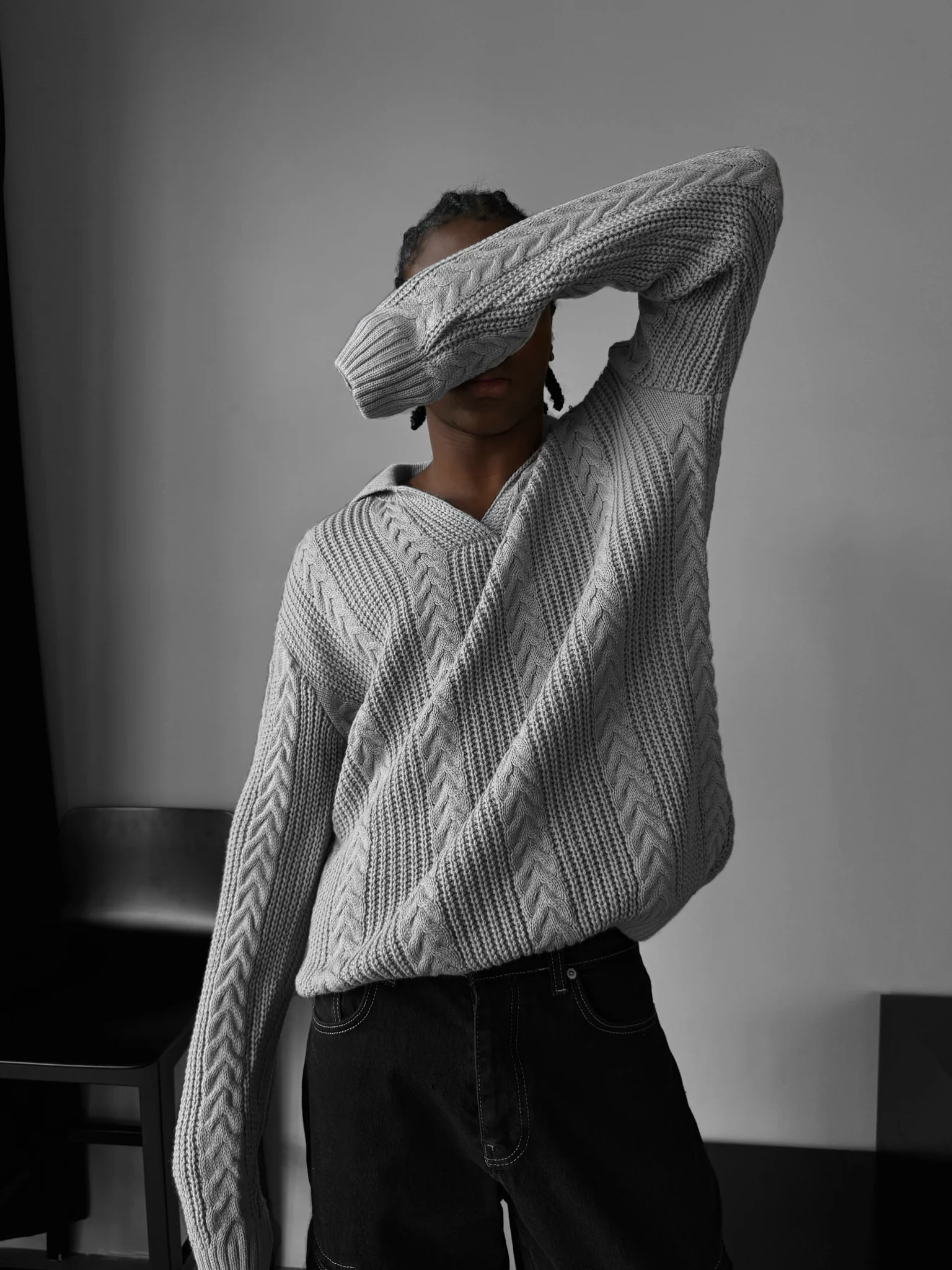 Oversize Braided Structure Polo Sweater - Grey - Image 3