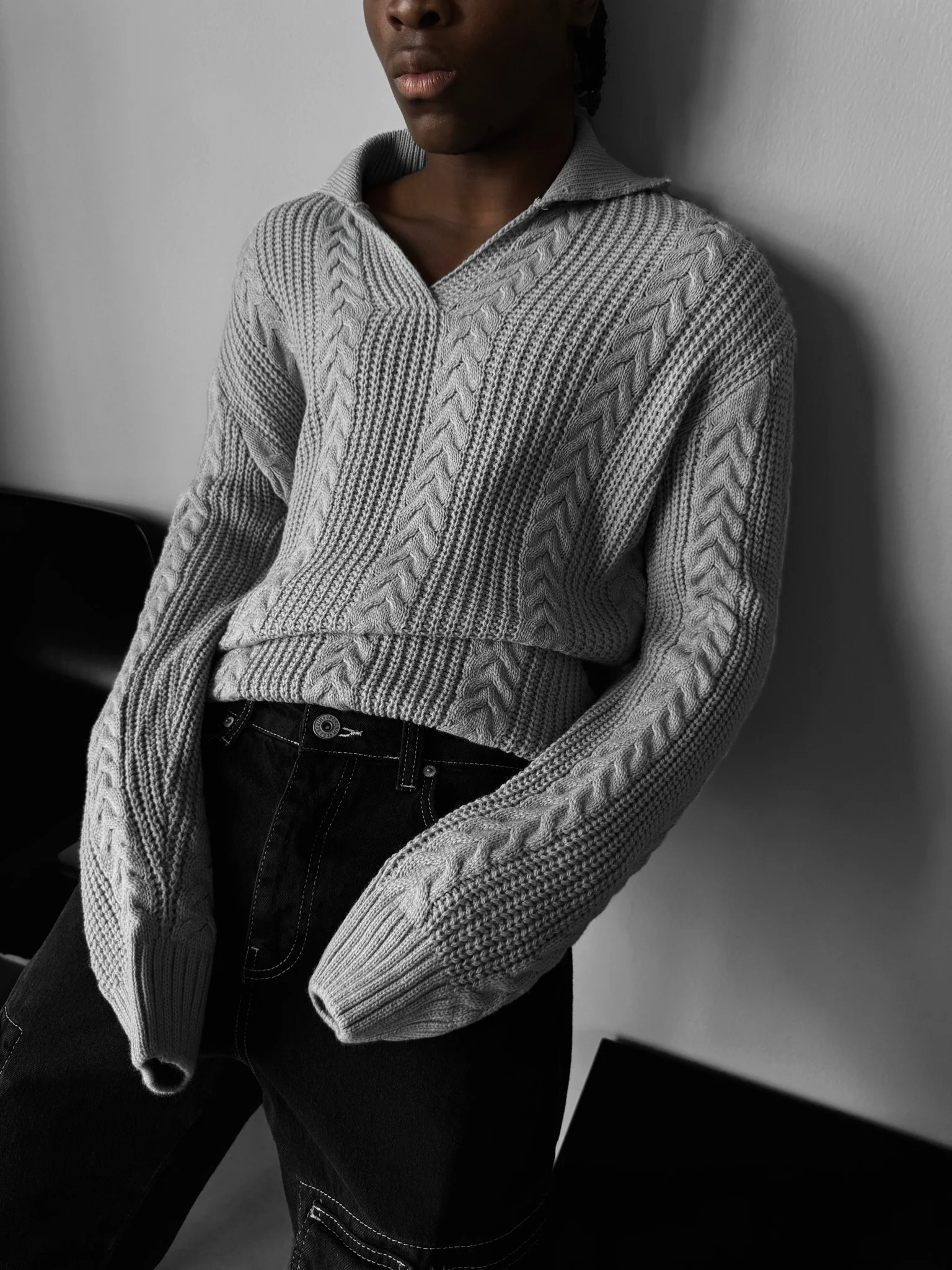 Oversize Braided Structure Polo Sweater - Grey - Image 4