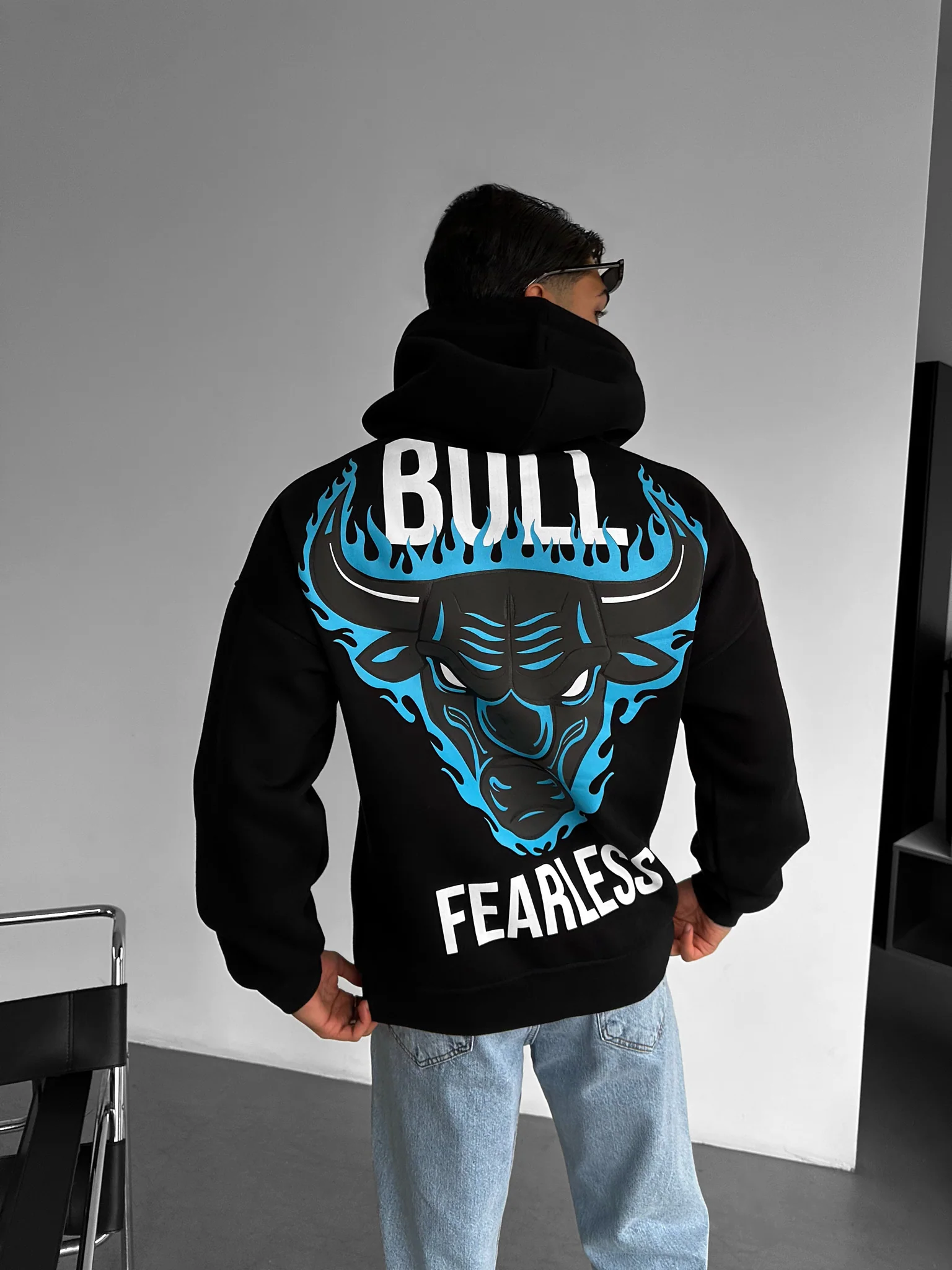 Oversize Bull Fearless Hoodie - Black and Blue - Image 2
