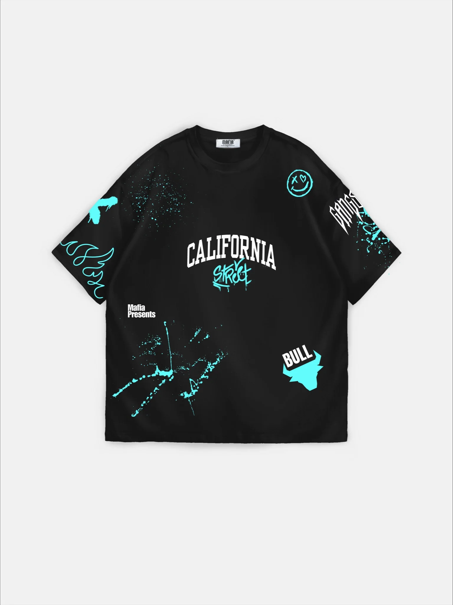Oversize California Graffiti T-Shirt - Black and Turquoise - Image 6