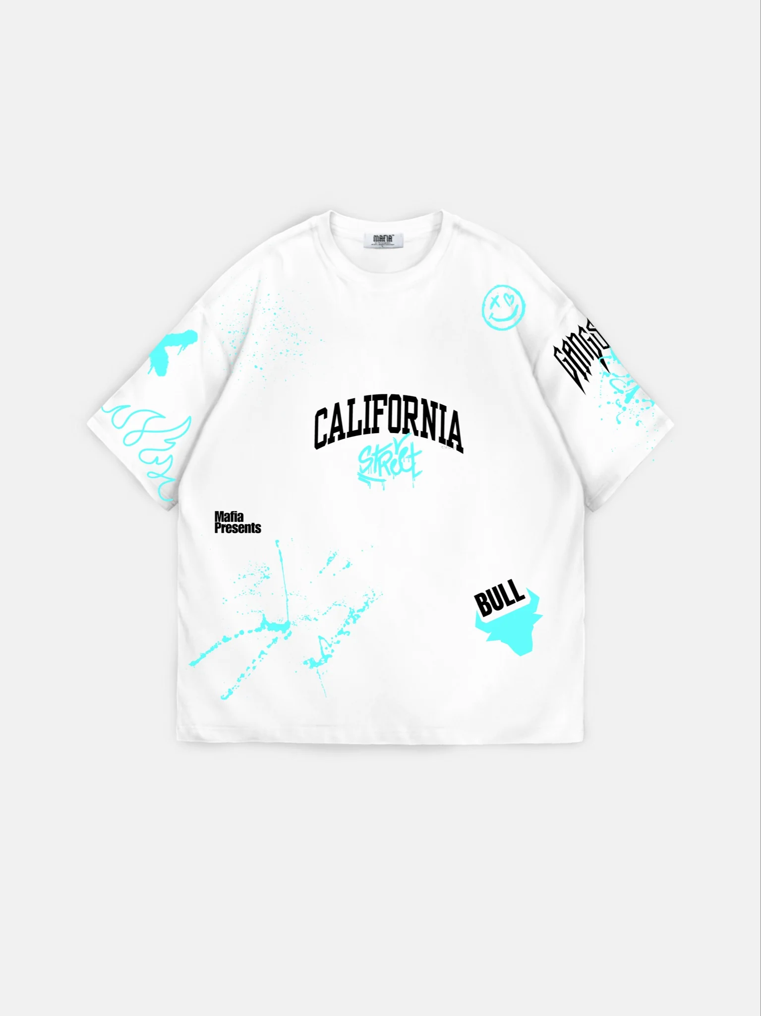 Oversize California Graffiti T-Shirt - Ecru and Turquoise - Image 4
