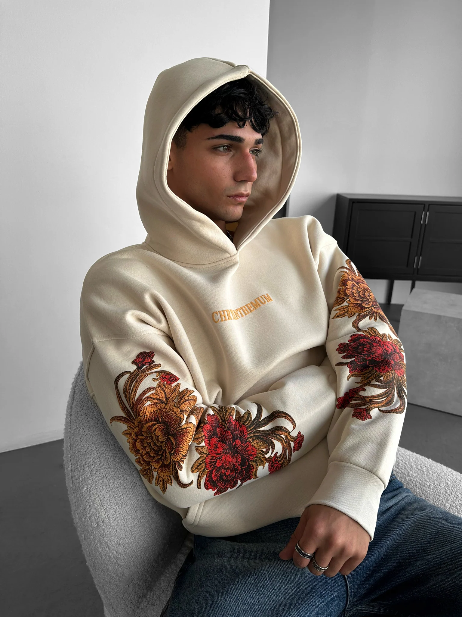 Oversize Chrysanthemum Hoodie - Beige - Image 4