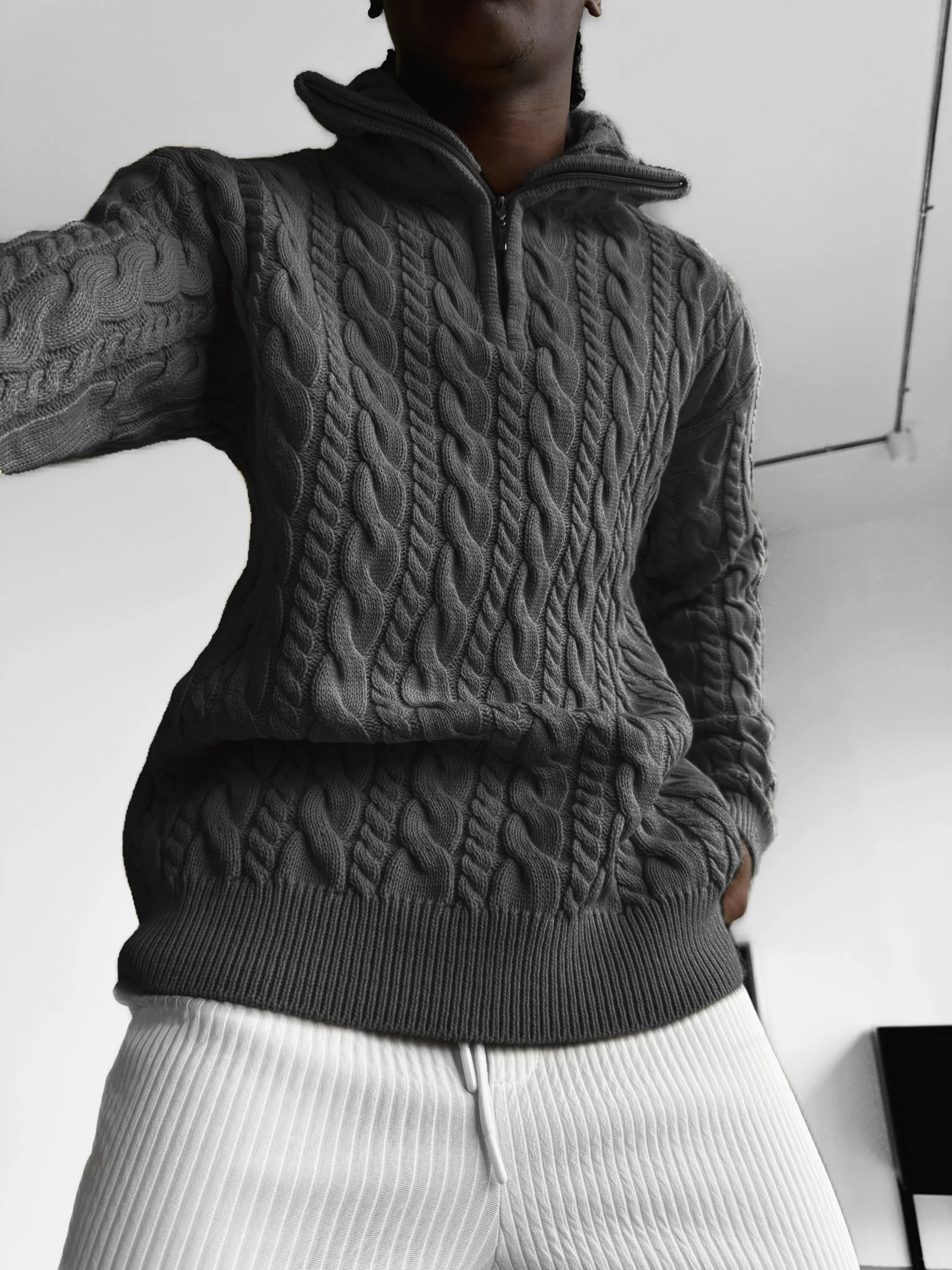 Oversize Collar  Braid Zipper Pullover - Anthracite - Image 2