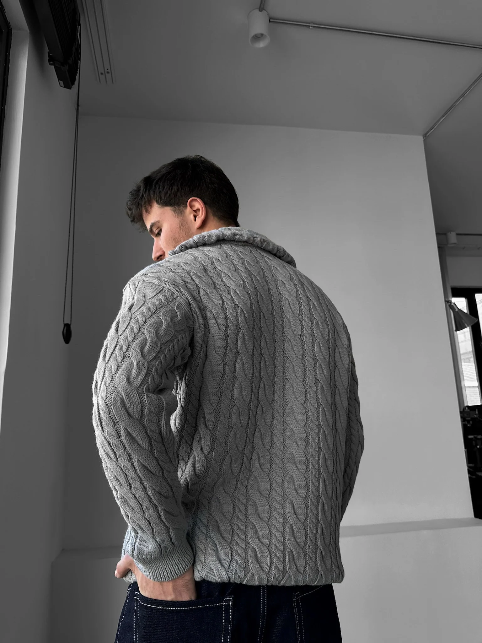 Oversize Collar Braid Zipper Pullover - Grey - Image 3