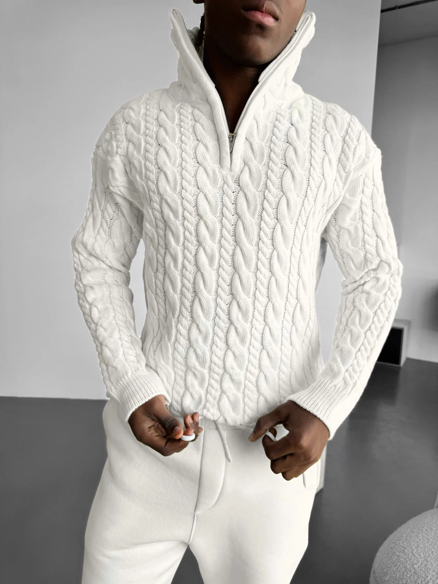 Oversize Collar Braid Zipper Pullover - White - Image 3