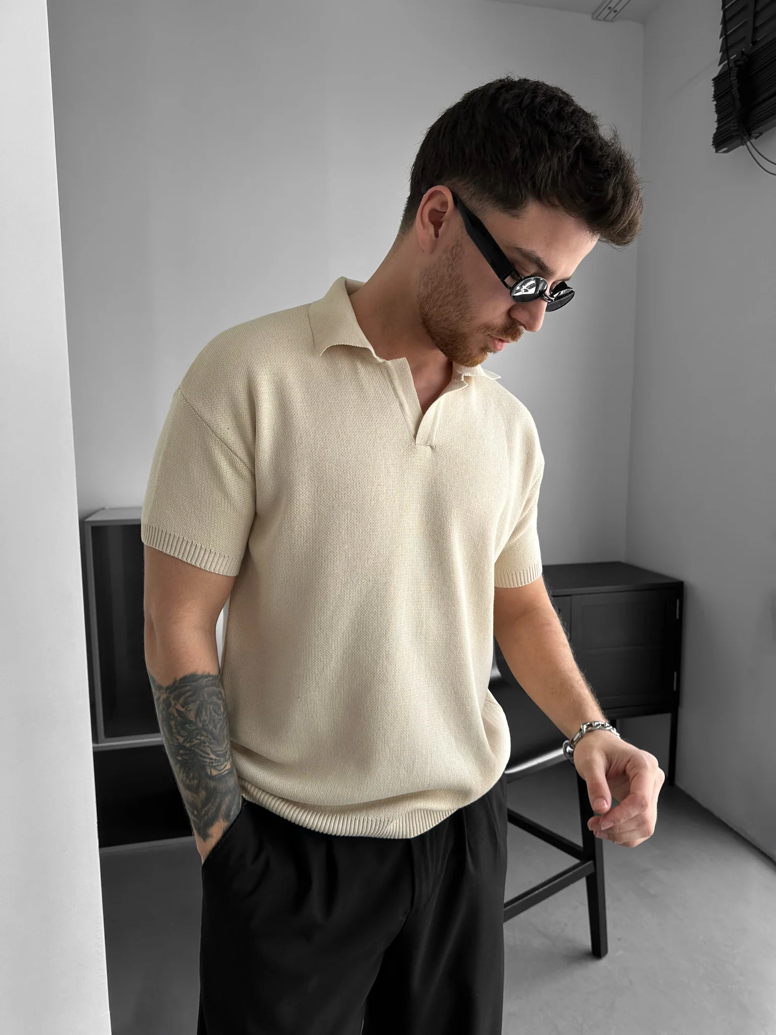 Oversize Collar Knit T-shirt - Cream - Image 2