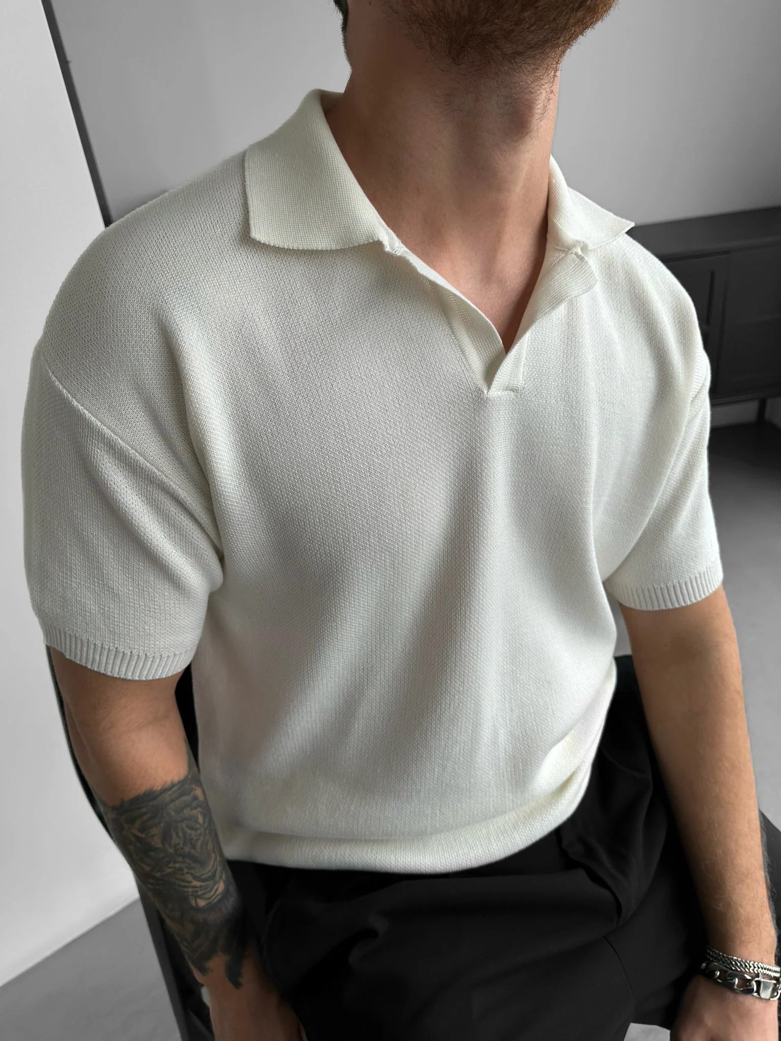 Oversize Collar Knit T-shirt - Ecru - Image 2