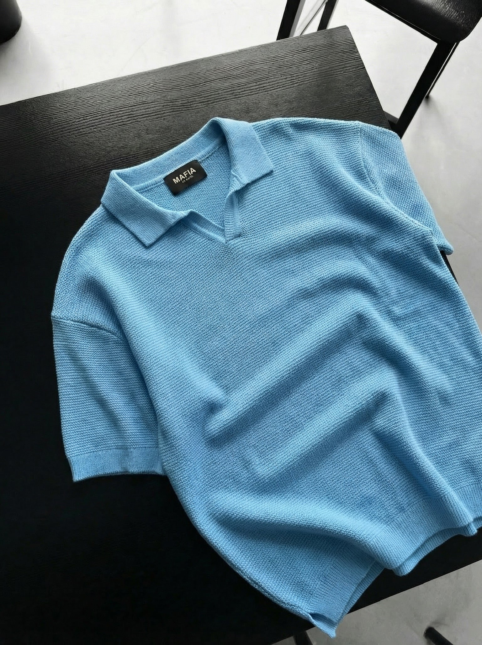 Oversize Collar Ribbed Knit T-Shirt - Babyblue - Image 2