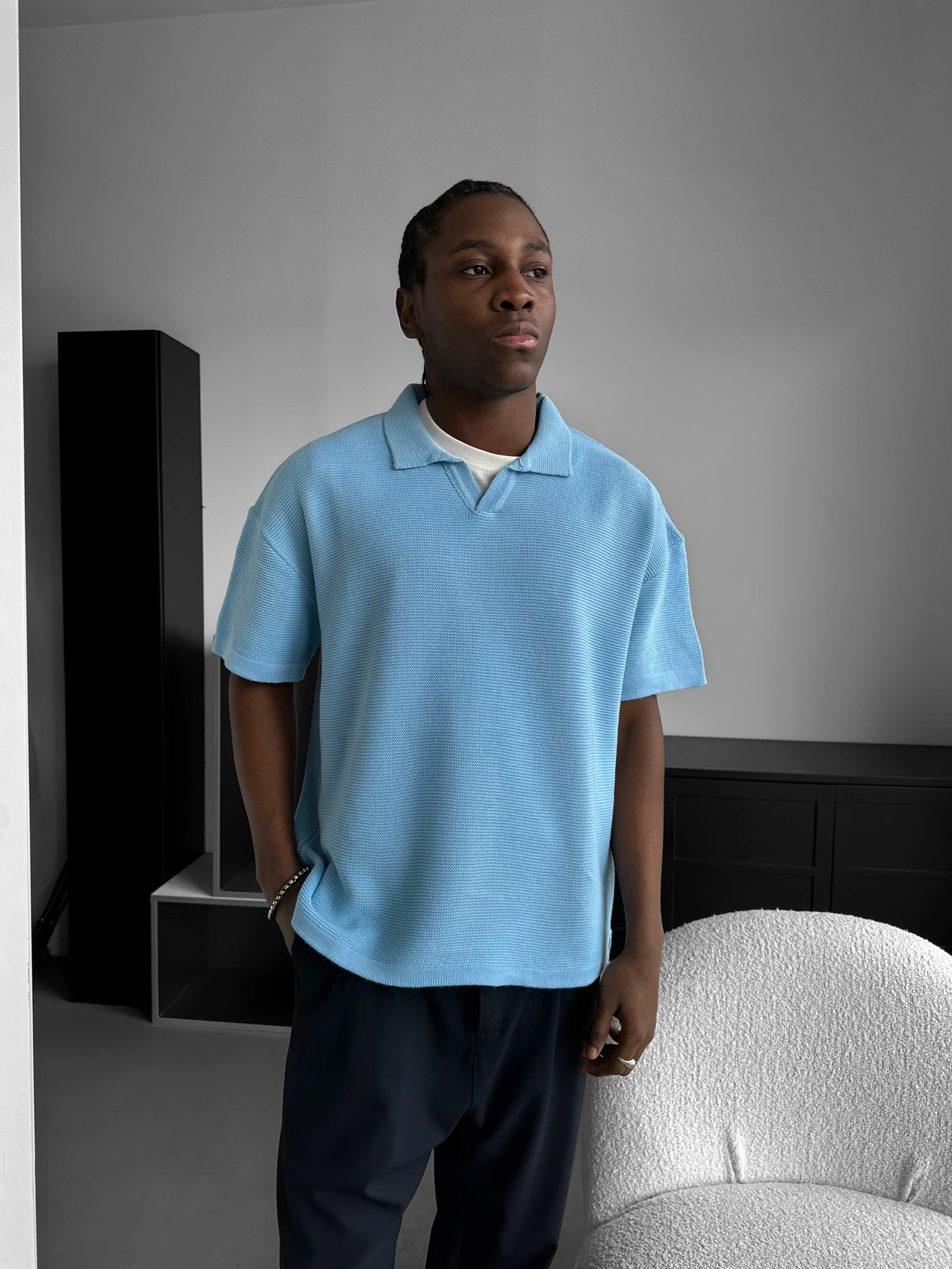 Oversize Collar Ribbed Knit T-Shirt - Babyblue - Image 3