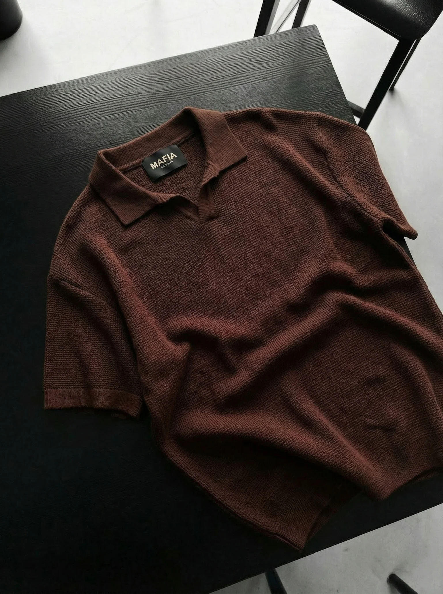 Oversize Collar Ribbed Knit T-Shirt - Dark Brown - Image 2