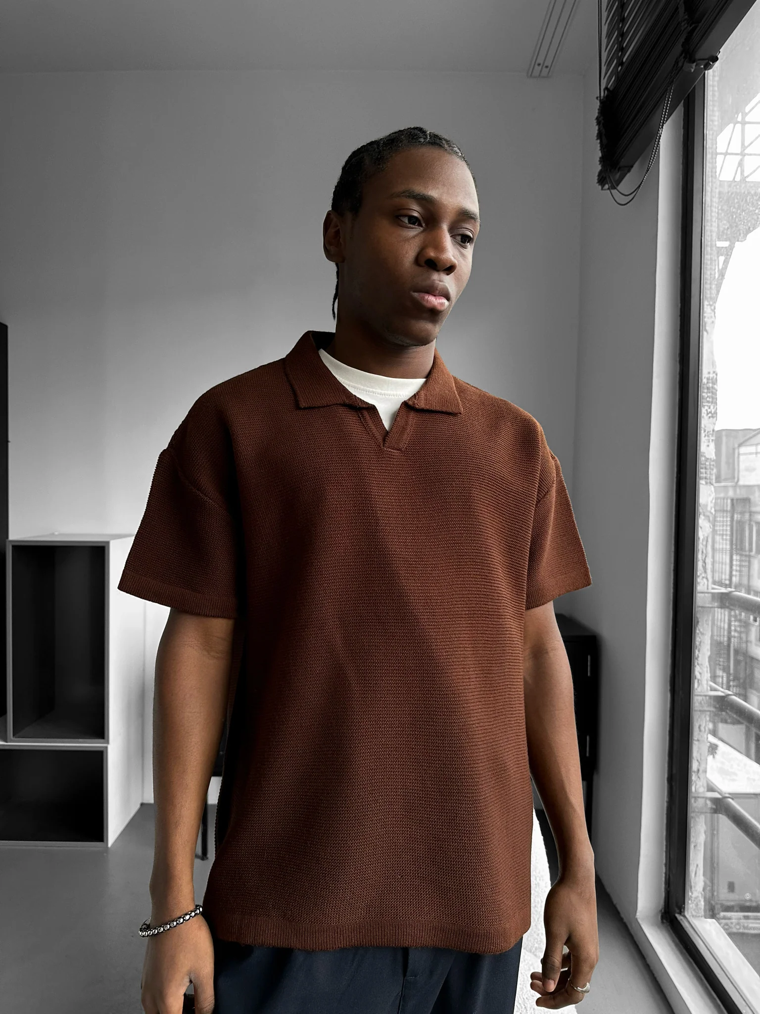 Oversize Collar Ribbed Knit T-Shirt - Dark Brown - Image 3