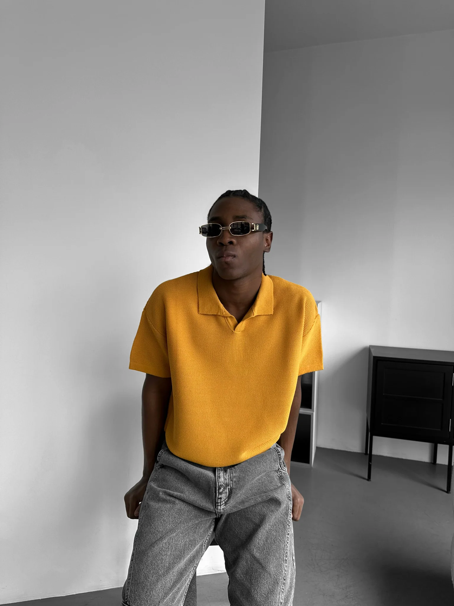 Oversize Collar Ribbed Knit T-Shirt - Saffron - Image 3
