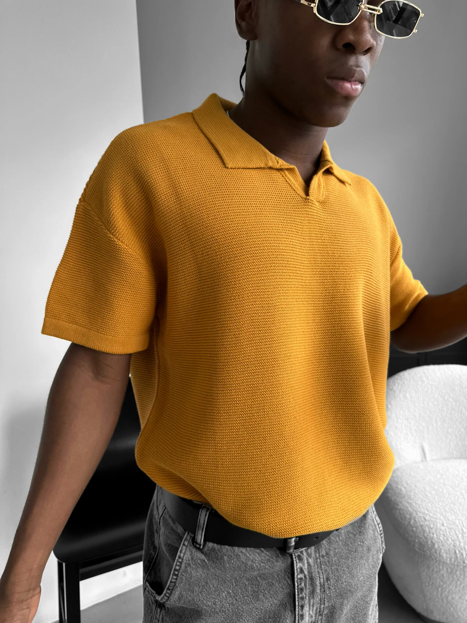 Oversize Collar Ribbed Knit T-Shirt - Saffron - Image 4