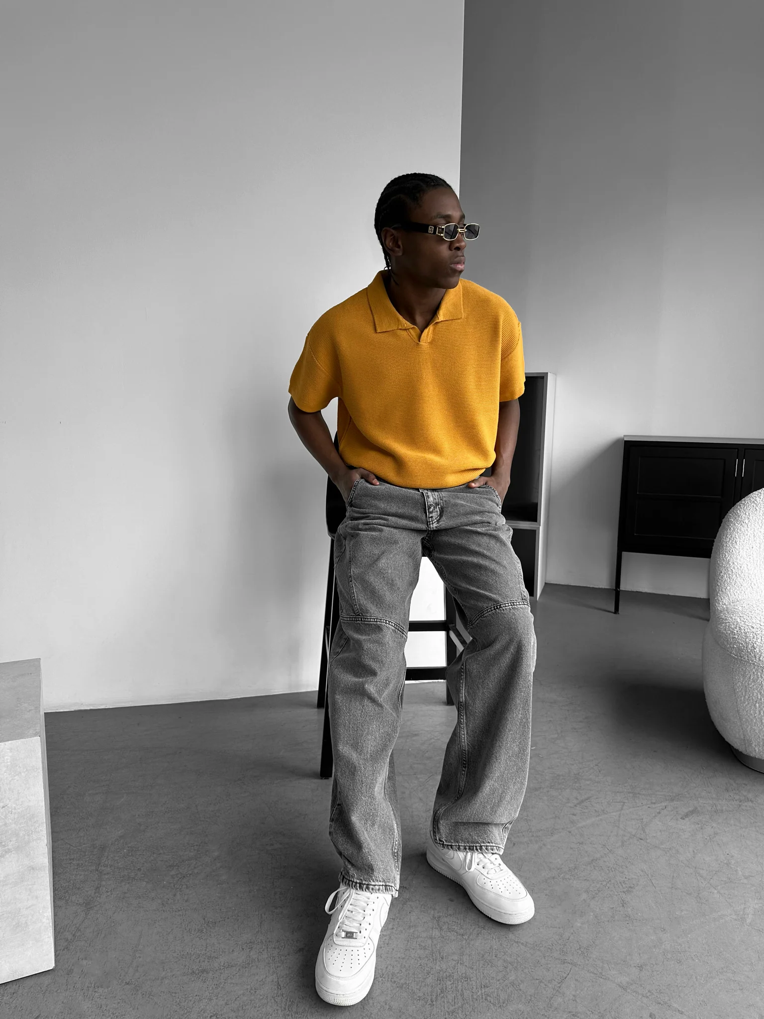 Oversize Collar Ribbed Knit T-Shirt - Saffron - Image 5