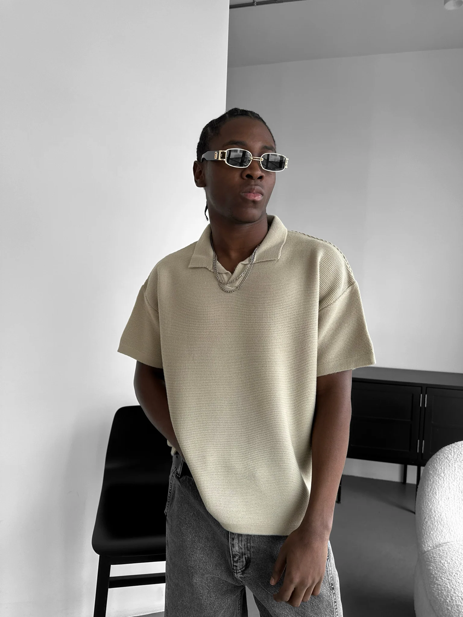 Oversize Collar Ribbed Knit T-Shirt - Stone - Image 2