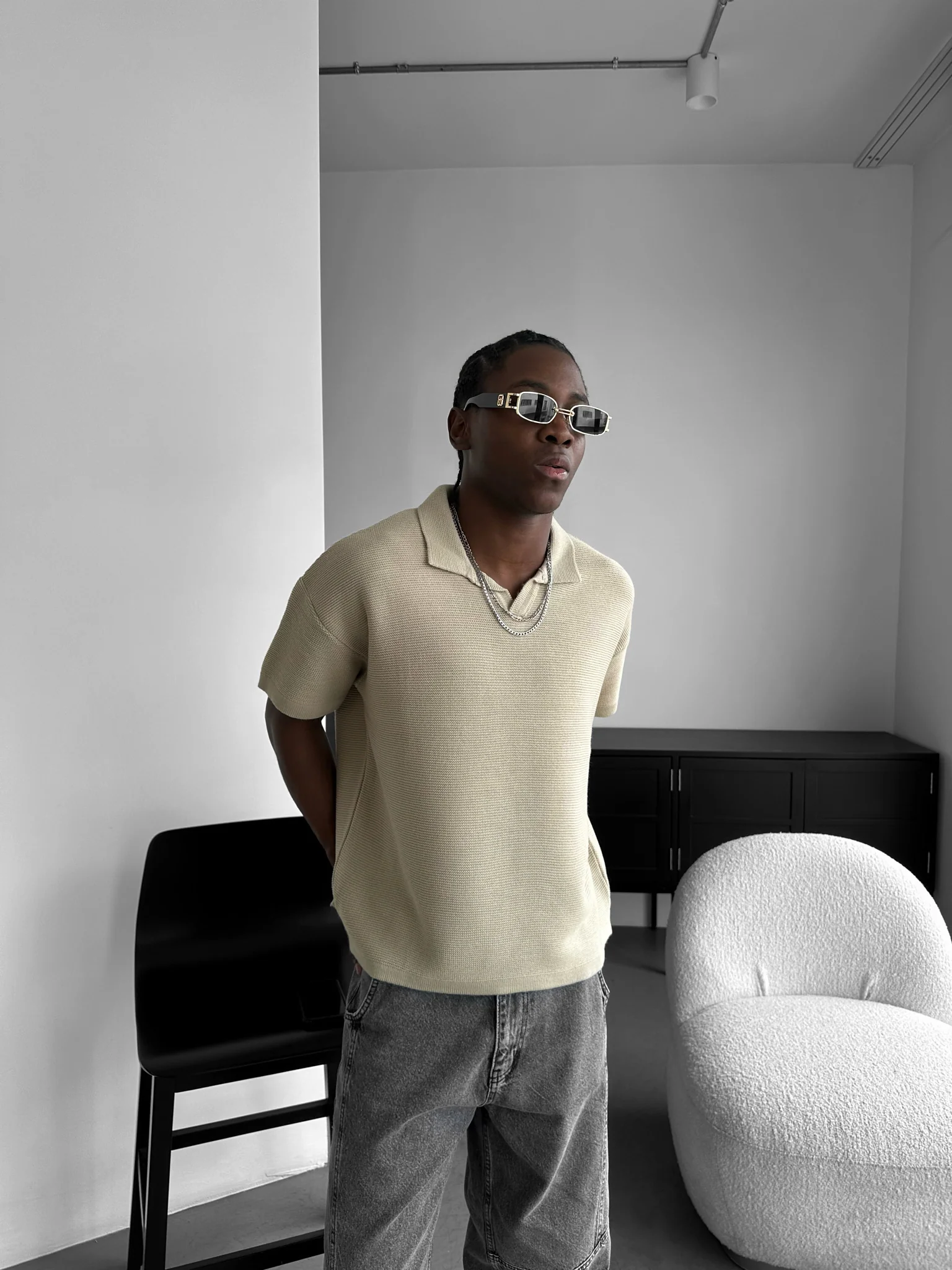 Oversize Collar Ribbed Knit T-Shirt - Stone - Image 3