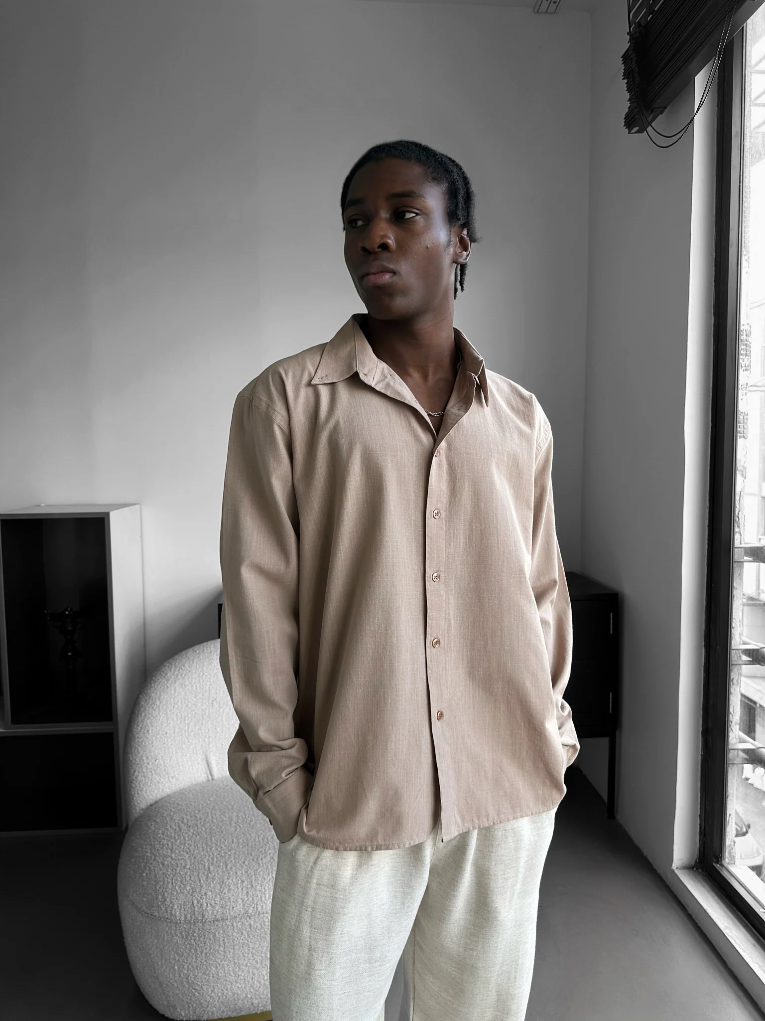 Oversize Cotton Oxford Shirt - Beige - Image 2