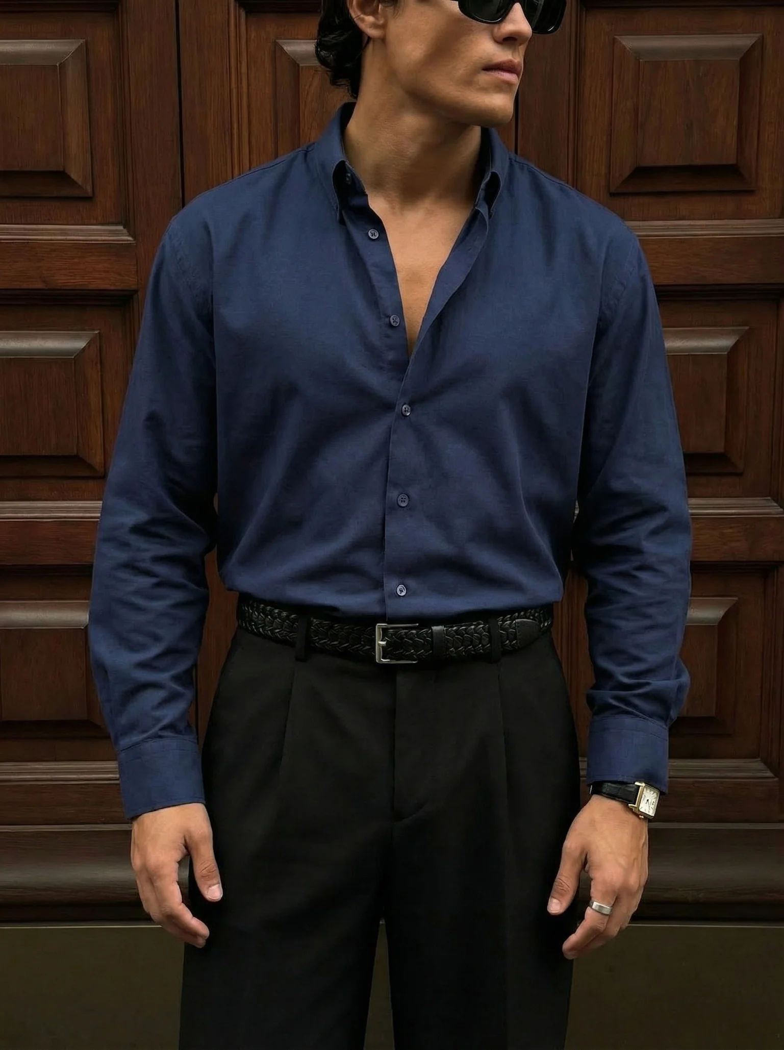 Oversize Cotton Oxford Shirt - Navy Blue - Image 2