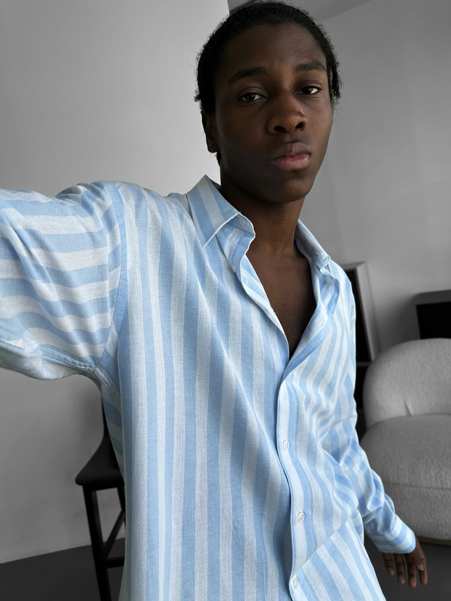 Oversize Cotton Striped Shirt - Babyblue - Image 2