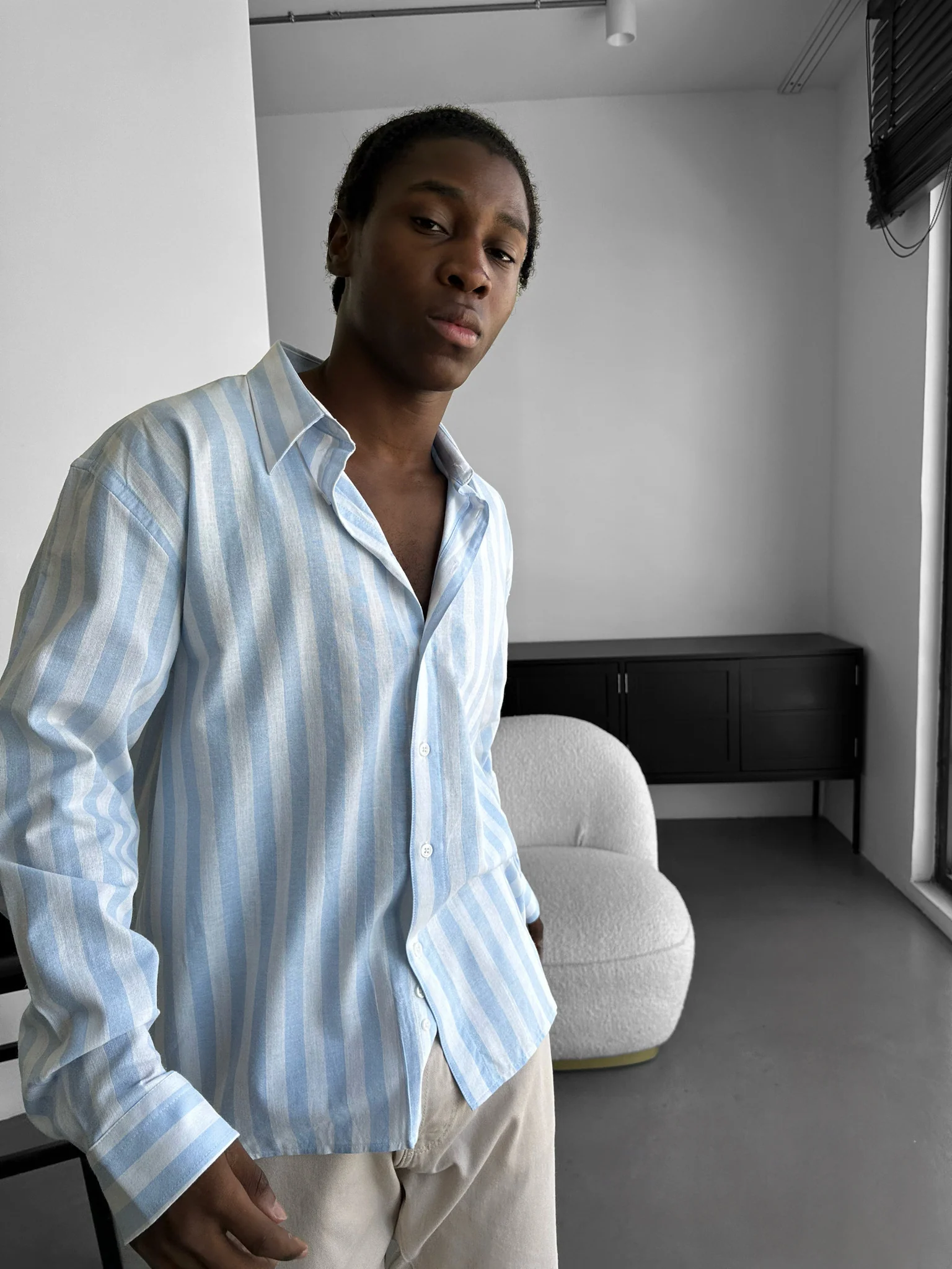 Oversize Cotton Striped Shirt - Babyblue - Image 3